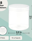 Slime Containers with Lids - 8 Pack Clear Plastic Jars for Kids DIY Crafts (12 Oz)