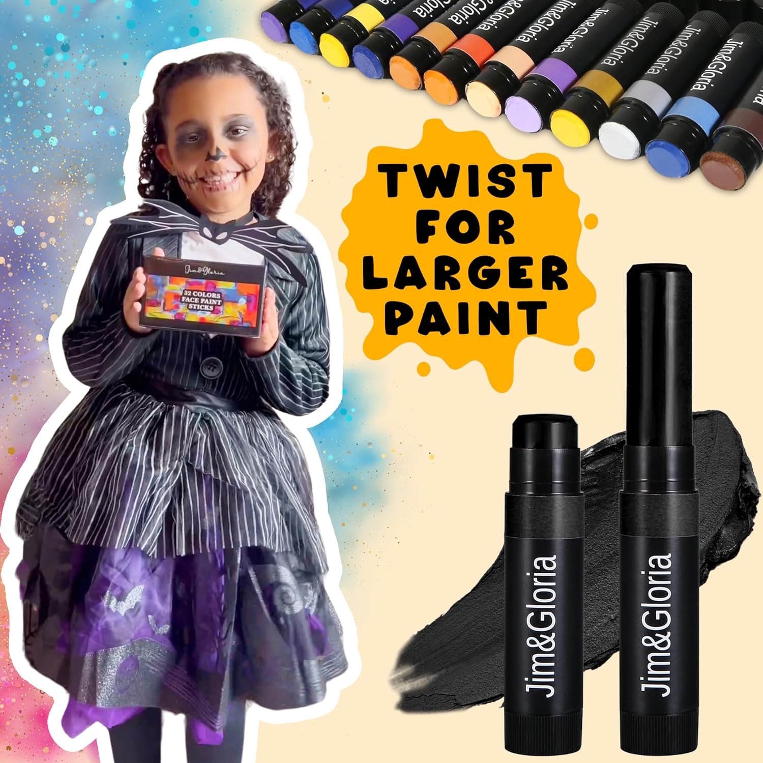 Face Painting Kit for Kids 32 Colors Metallic, Neon, Classic + Makeup Brush, Skin Safe, Washable and Professional Body Paint Sticks Crayon Set, Birthday Gift for Kids, Halloween Costume