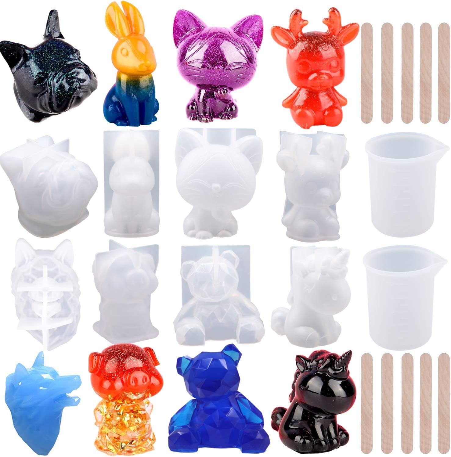 20Pcs 3D Animal Resin Molds Tools Set Includes 8 Resin Casting Molds Large Clear Epoxy Silicone Molds 2 Measurement Cup 10 Wood Sticks for Resin Craft DIY