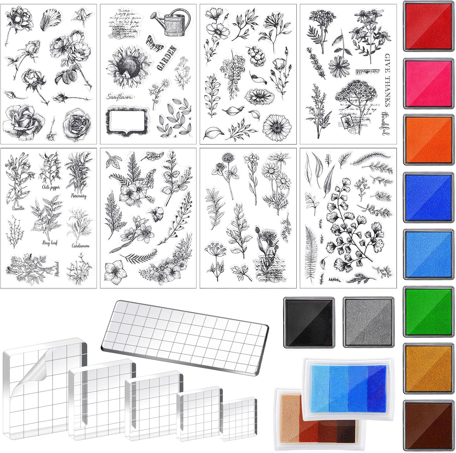 26 Pieces Acrylic Stamp Blocks Tools Set Including 8 Plants and Flower Silicone Clear Stamps Seal 6 Stamp Blocks 12 Craft Ink Pads Decorative Clear Stamps for Scrapbooking Card Making Journaling