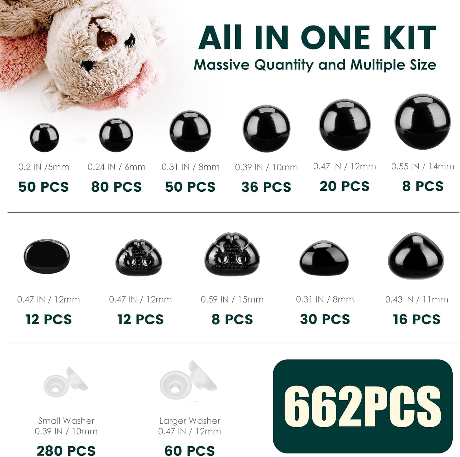 662Pcs Safety Eyes and Noses for Amigurumi,  Preimum Safety Eyes for Crochet Stuffed Animals, 5-14Mm Assorted Plastic Crochet Craft Eyes with Washers for Teddy Bear, Dolls, Plushies Toys, Black