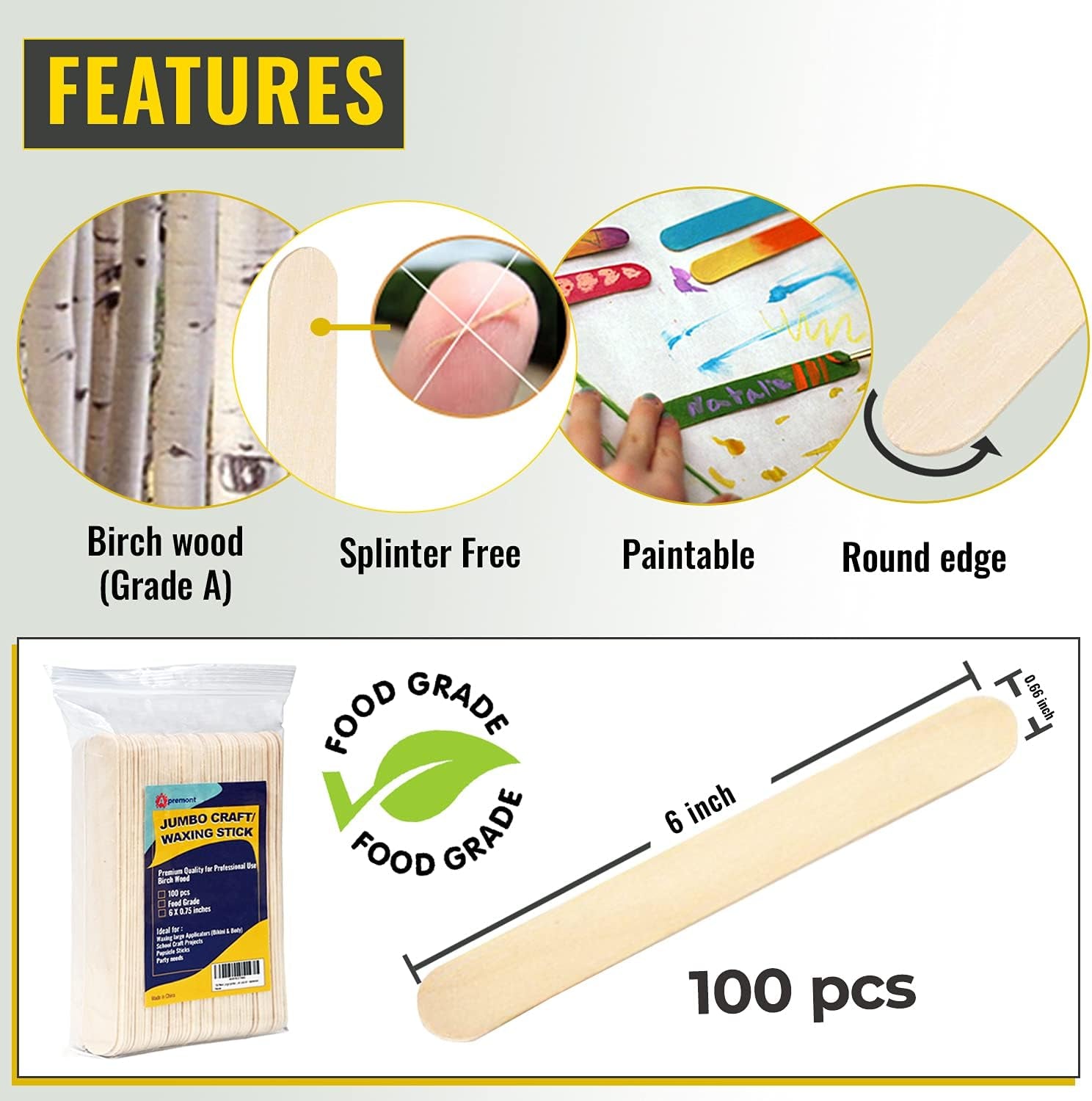 100 Piece Large Jumbo Wooden Craft Sticks (6&quot; X 3/4&quot;), Premium Natural Organic Wood for Waxing, Craft Project, Tongue Depressor, Popsicle, Ice Cream Stick,Woodcraft, Paint Stirrer and Art -