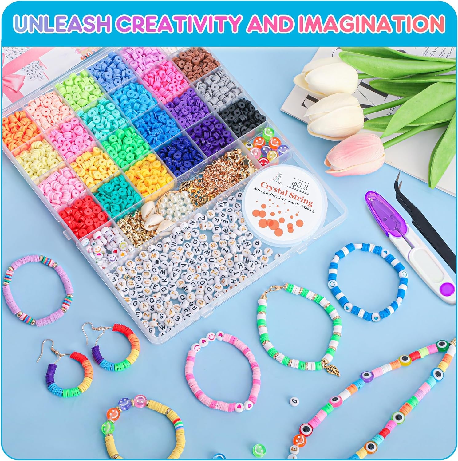 5800 PCS Clay Beads Bracelet Making Kit, 24 Colors Flat Preppy Beads for Friendship Jewelry Making, Polymer Heishi Beads with Charms DIY Arts and Crafts Birthday Gifts Toys for Teen Girls Age 6+