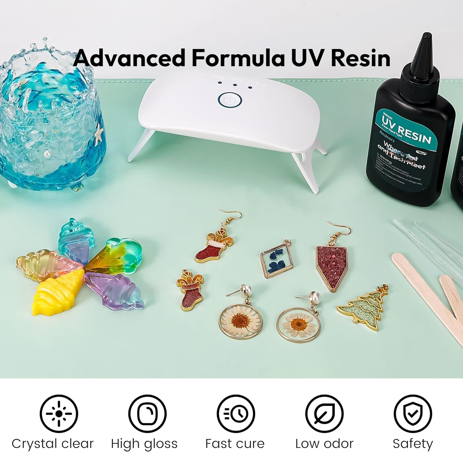 UV Resin Kit with Light,Upgraded 200G Crystal Clear Low Odor UV Glue,Uv Light for Resin Curing,Mixing Cups,Stir Sticks,Ultraviolet Epoxy Resin Starter Jewelry Making Kit for Craft Beginner