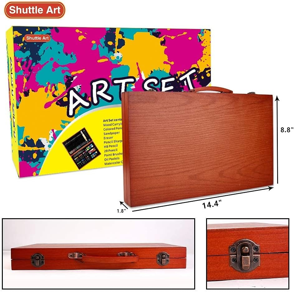 118 Piece Deluxe Art Set, Art Supplies in Wooden Case, Painting Drawing Art Kit with Acrylic Paint Pencils Oil Pastels Watercolor Cakes Coloring Book Watercolor Sketch Pad for Kids Adults