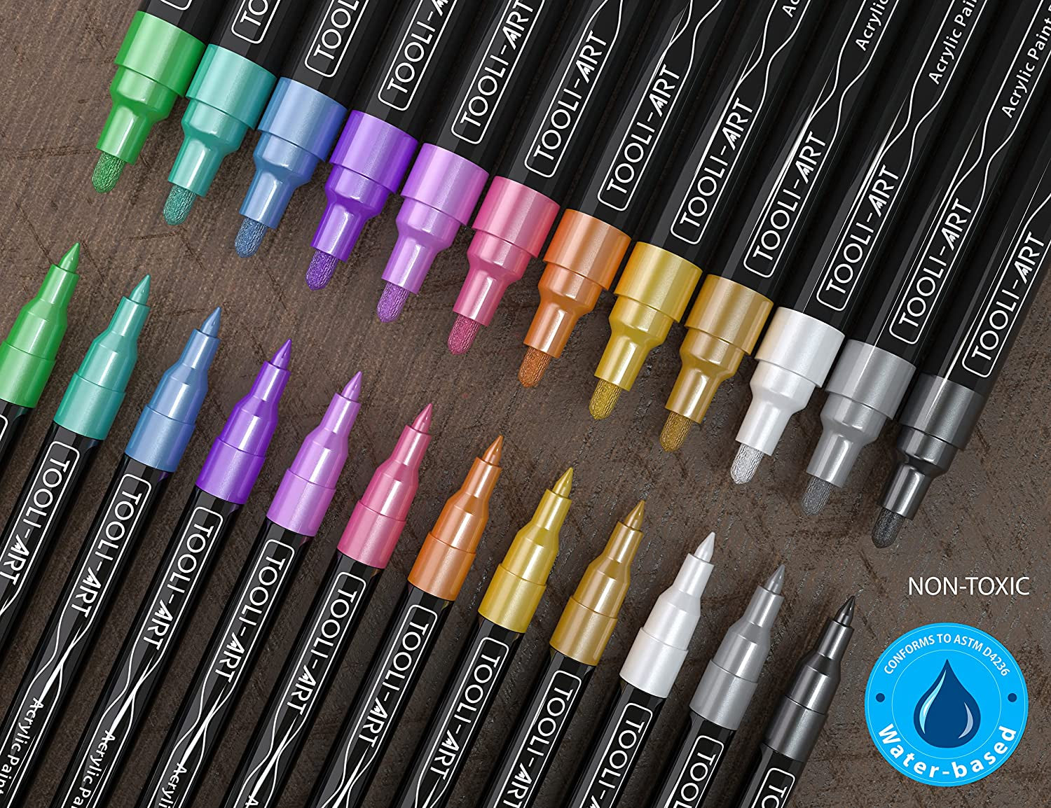 24 Metallic Acrylic Paint Pens Markers Set 0.7Mm Extra Fine and 3.0Mm Medium Tip Combo for Rock Painting, Pebbles, Canvas, Glass, Mugs, Journals, Most Surfaces. Non-Toxic, Waterbased, Quick Drying