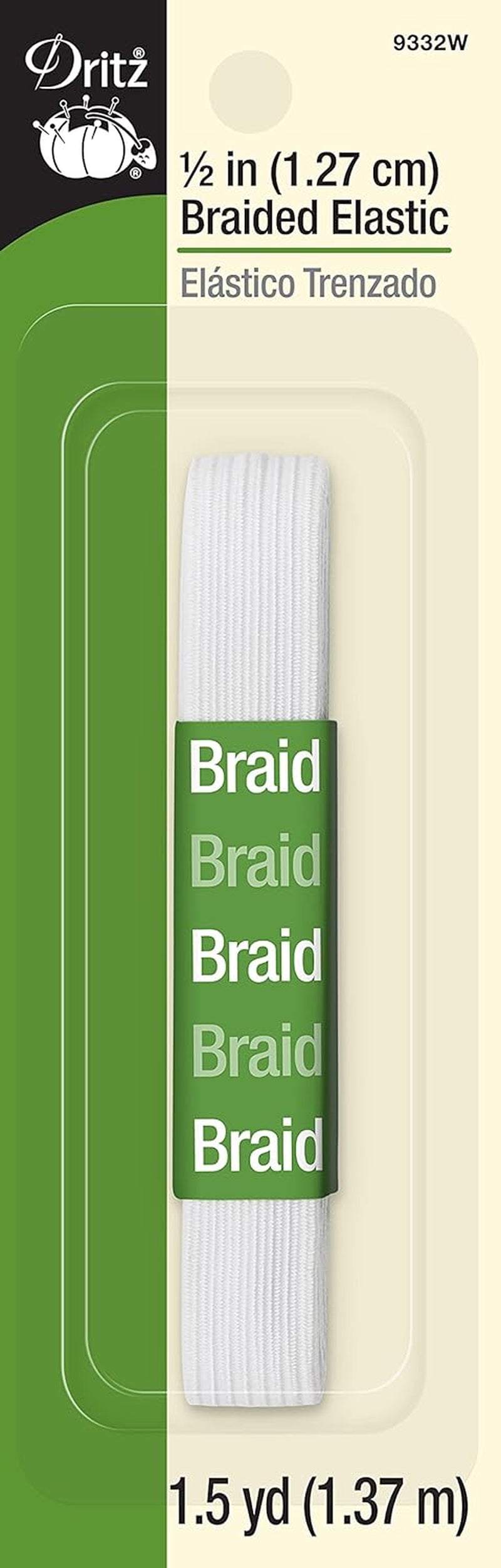 9332W Braided Elastic, 1/2-Inch by 1-1/2-Yard, White