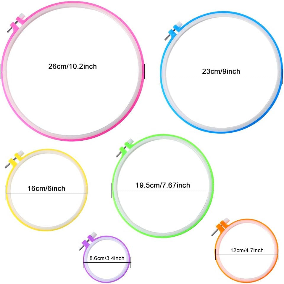 6 Pieces Embroidery Hoops and 15 Needles, Plastic Circle Cross Stitch Hoop Ring Embroidery Circle Set, 3.4 Inch to 10.4 Inch (Multicolor)