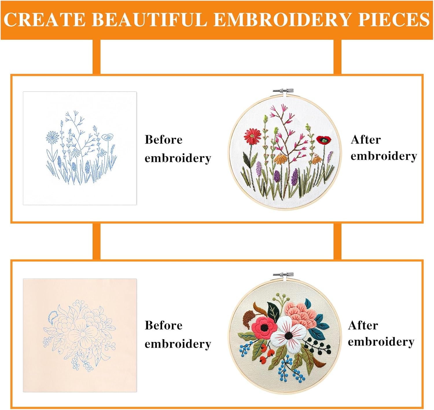 4 Pack Flower Embroidery Kit for Beginners with Pattern and Instructions, Cross Stitch Kits Include 2 Wooden Embroidery Hoops Color Threads Needlepoint Kit for Adults