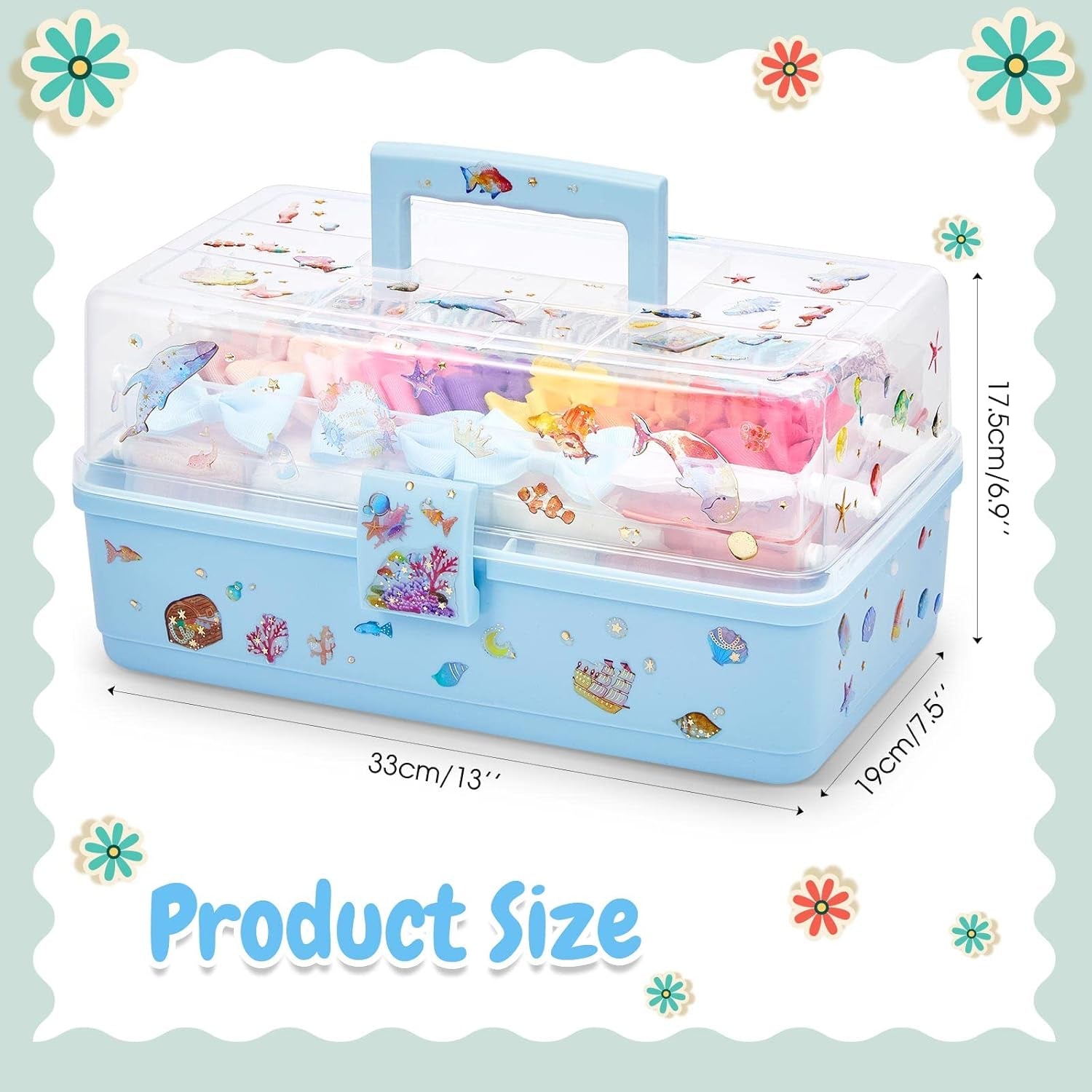 Hair Accessories Organizer 13 Inch Hair Accessories Storage Box with Fold Tray and Handle 3 Layers Plastic Tool Box Hair Accessories Organizer Box for Art Sewing Nail with Stickers (Blue)