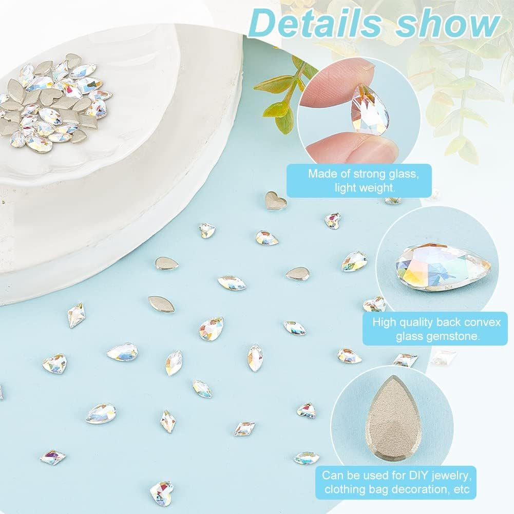 64 Pcs 8 Styles K9 Glass Rhinestones Gems Crystal Flatback Rhinestones AB Color Rhombus/Horse Eye/Teardrop/Heart Crystal Jewels Embelishments with Silver Plated Back for Craft Making