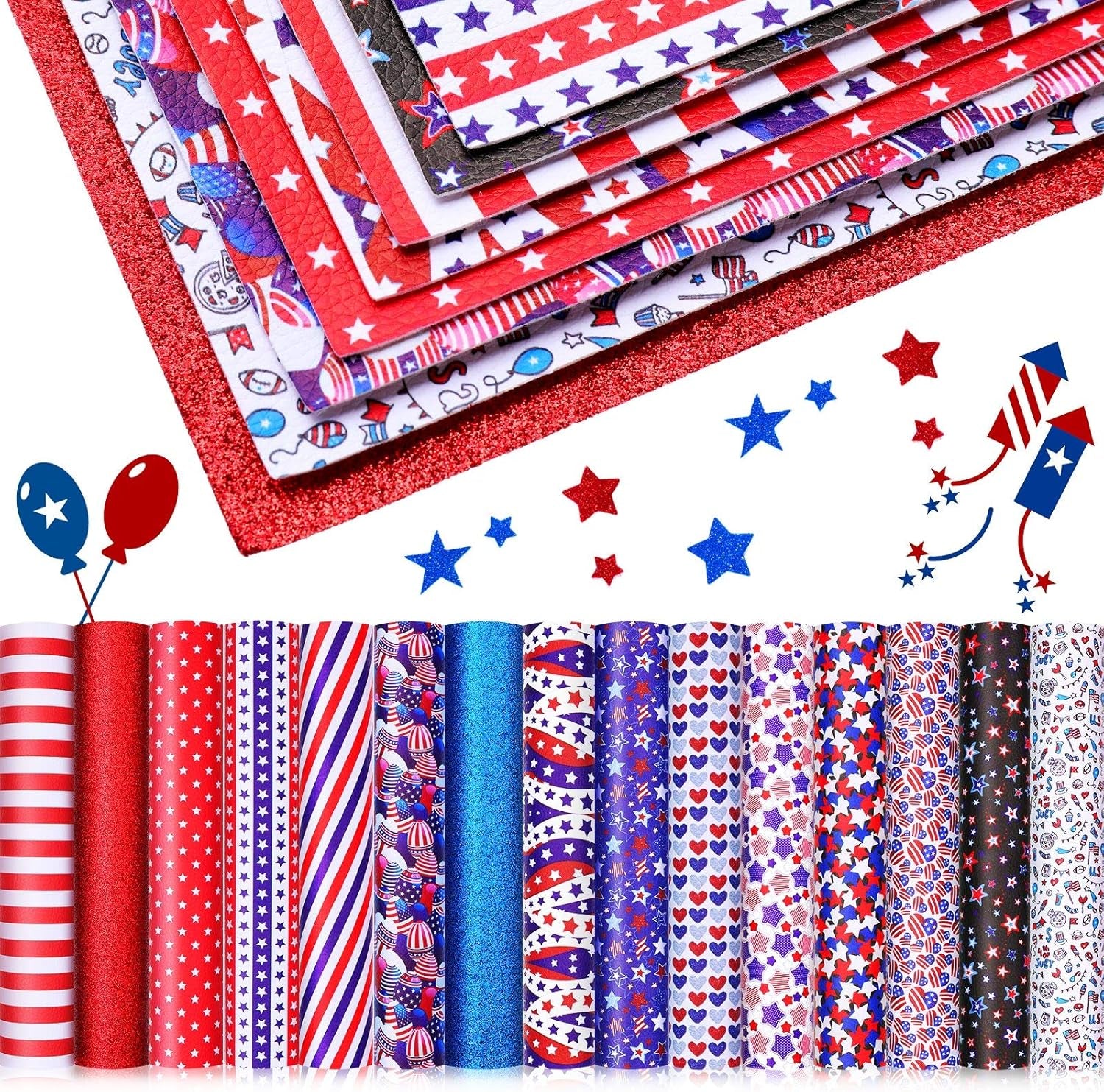 15 Pieces Labor Day American Flag Faux Leather Sheets Glitter Sequins Synthetic Leather Sheets DIY Faux Leather Fabric Making Earrings Bows DIY Crafts, 8.3 X 6.3 Inch (Classic Style)