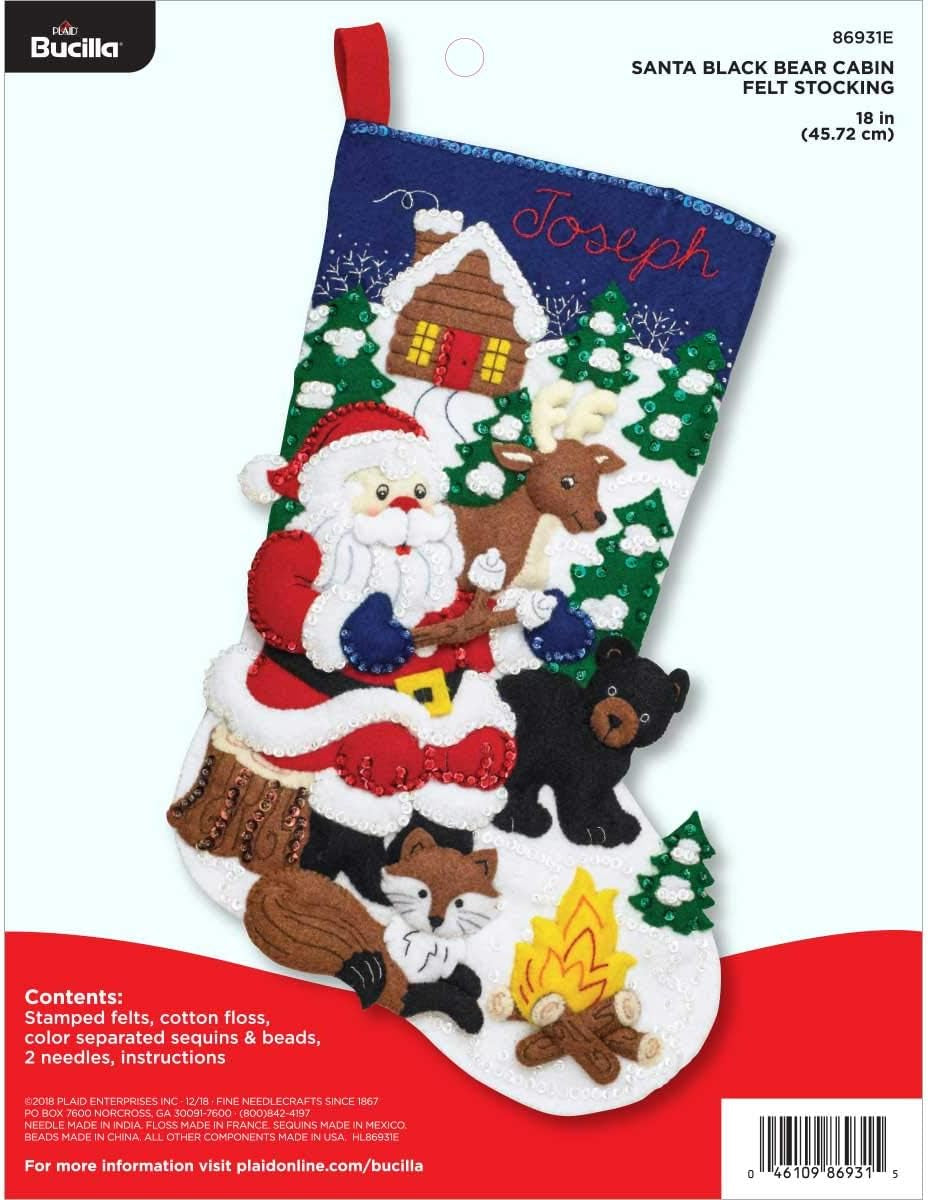 Felt Stocking Applique Kit, 18", Santa Black Bear Cabin