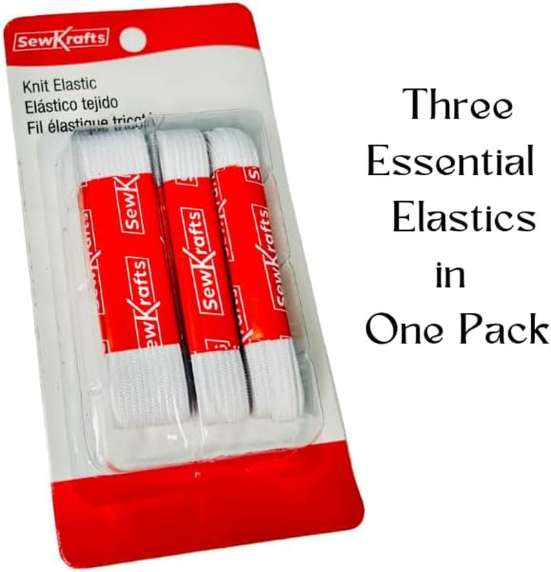 Knit Elastic - 3 Pack - 1/4" X 90", 1/2" X 45" and 3/4" X 36", Elastic for Sewing, White Elastic Bands for DIY Projects, Used on Waistbands, Sleeves, Necklines, Skirts, Swimwear, Leg Bands