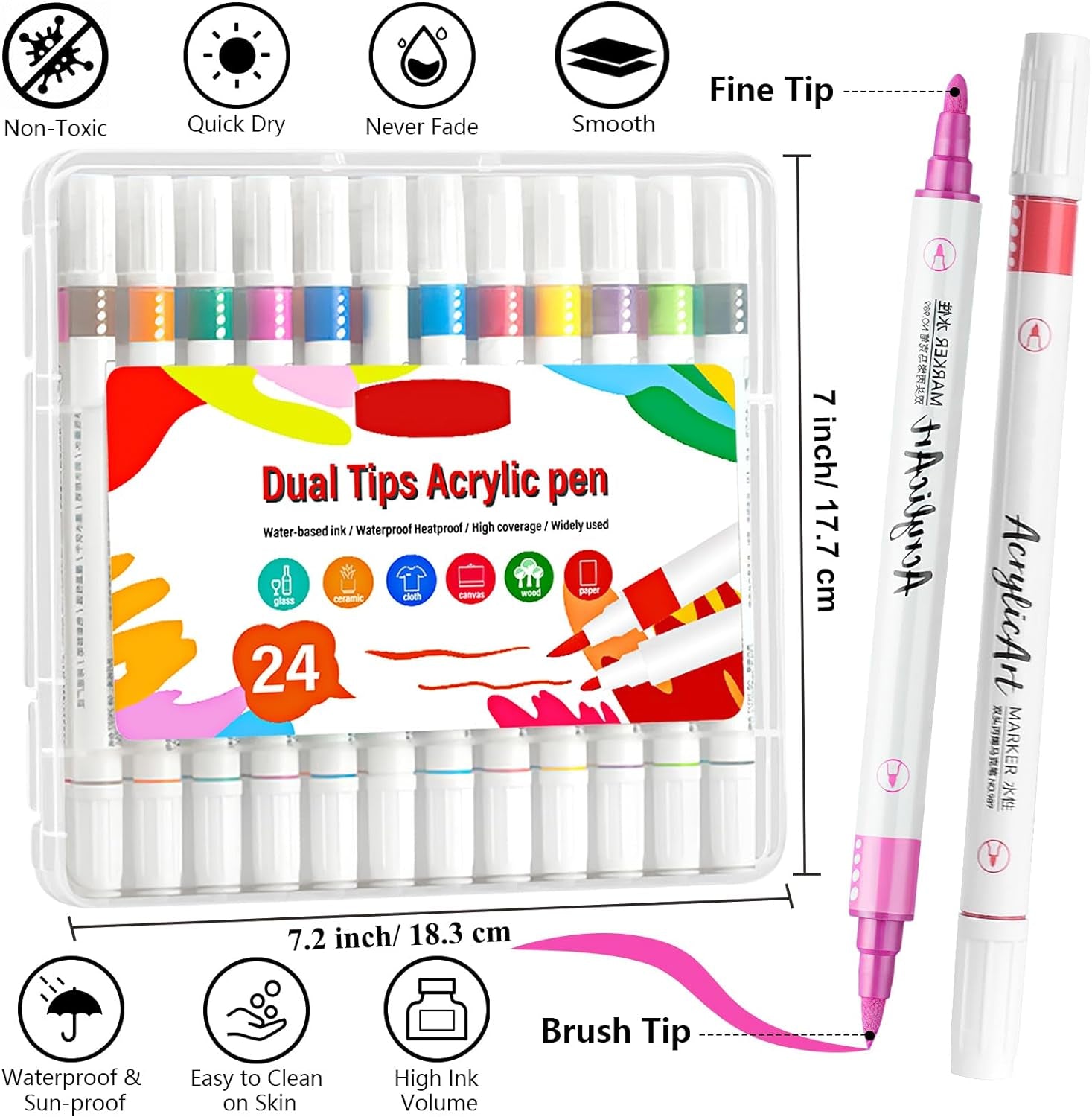 Acrylic Paint Pens, 24 Colors Dual Tip Nail Art Polish Pens with Fine Tip and Brush Tip, Acrylic Paint Markers for Rock Painting, Wood, Glass, Canvas, Calligraphy, Card Making, DIY Nail Beauty