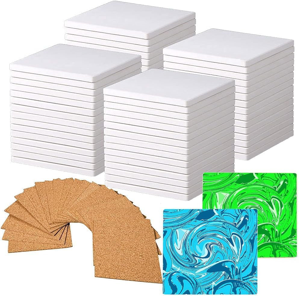 Strong Packaging! 60 PCS Square Unglazed Ceramic Tiles for Crafts Coasters with 60 PCS 2Mm Self Adhesive Cork Squares,White Tiles 4X4 for Crafts Ceramic