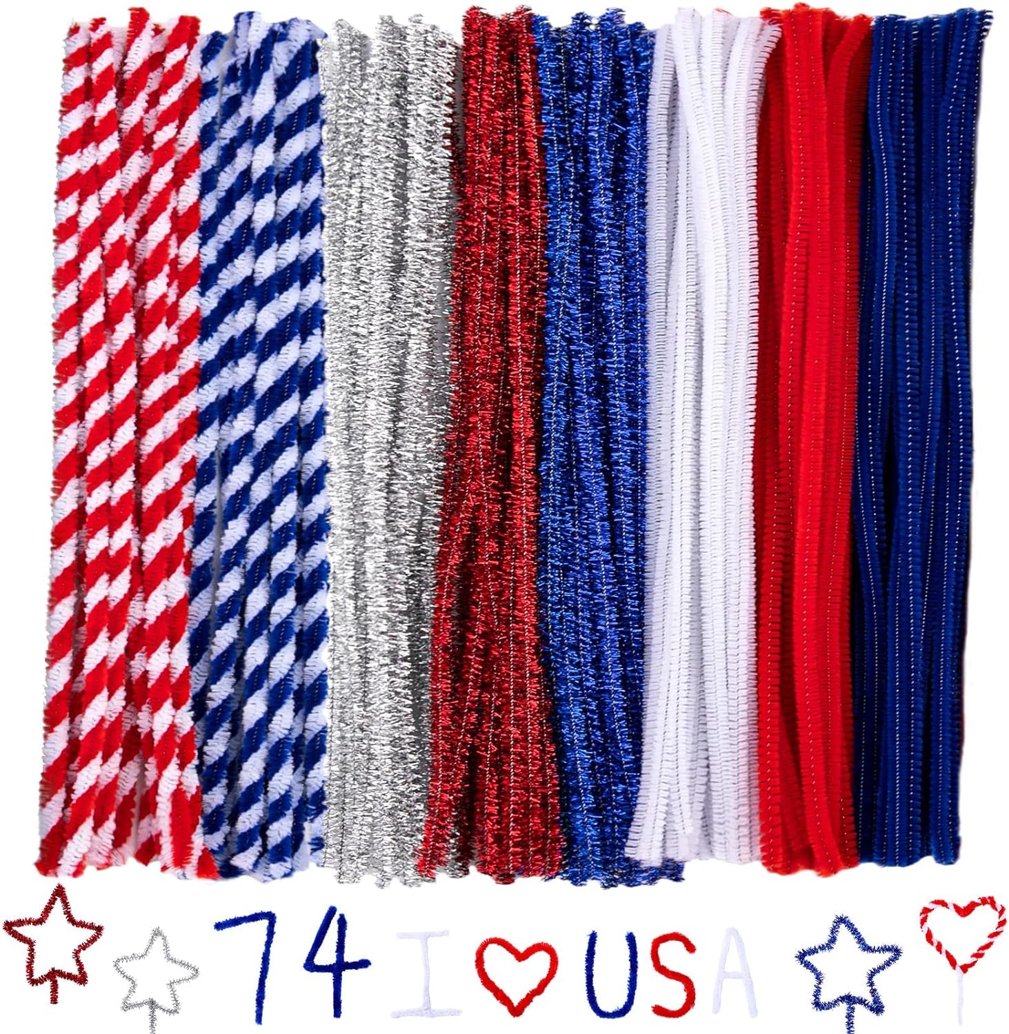 500Pcs Independence Day Pipe Cleaners Red White Blue Silver Colorful Pipe Cleaners Craft Supplies Glitter Chenille Stems for 4Th of July Patriotic Party DIY Art Craft Decorations