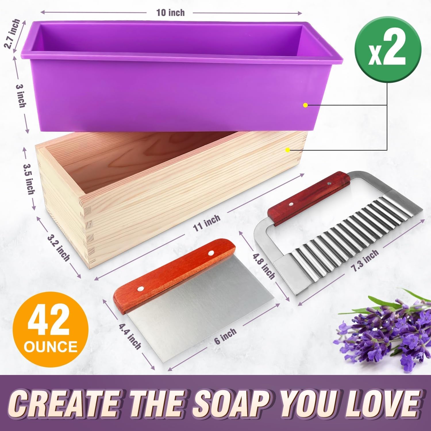 Silicone Soap Mold -  2Pcs Flexible Soap Molds for Soap Making Comes with Wood Box, Stainless Steel Wavy + Straight Scraper Cutters Rectangular Loaf Soap Mold