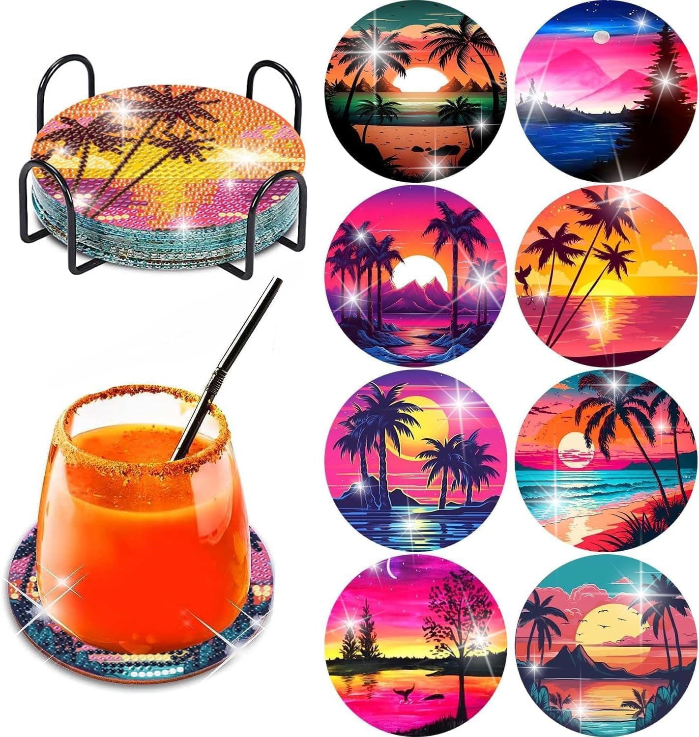 8Pcs Diamond Painting Coasters Kits, DIY Landscape Diamond Art Coaster Kits with Holder, Small Diamond Painting Kits for Adults &amp; Kids Art Craft Supplies