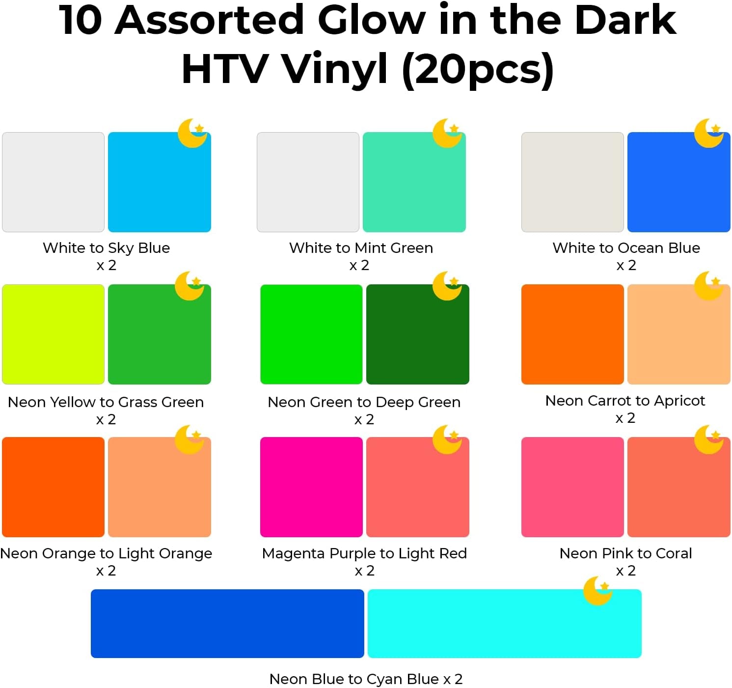 Glow in the Dark HTV Heat Transfer Vinyl, 20 Pack 12"X 10" Glow in the Dark HTV Vinyl Sheets, 10 Assorted Color Iron on Vinyl for T Shirts, Glow in the Dark Vinyl Starter Kit