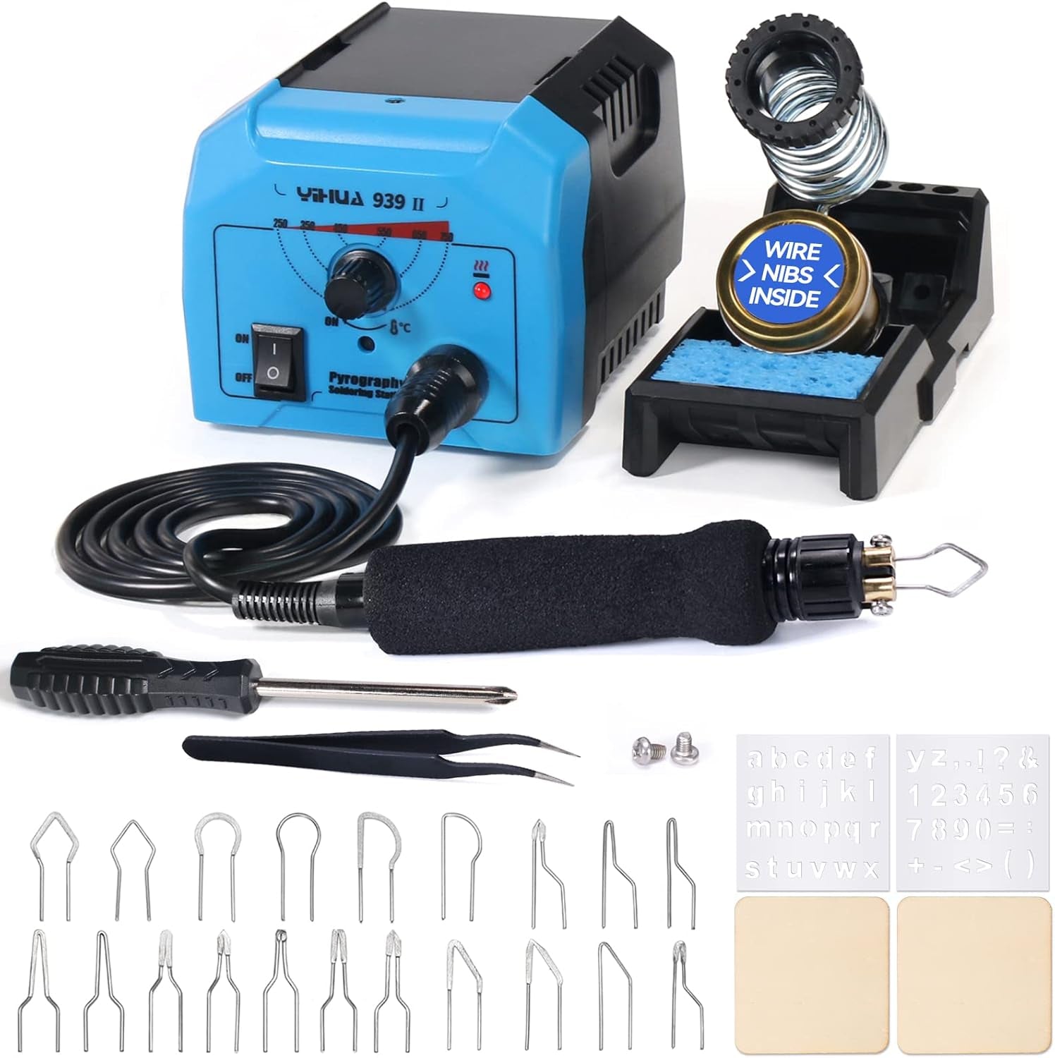 939-II Wood Burning Kit Station Pyrography Pen 250~750℃/482~1382℉ Temperature Adjustable with 20 Wire Nibs, 1 Stable Pen Holder, 2 Stencils, 2 Scrap Wood, 1 S/S Tweezers, and 1 Pliers (Blue)