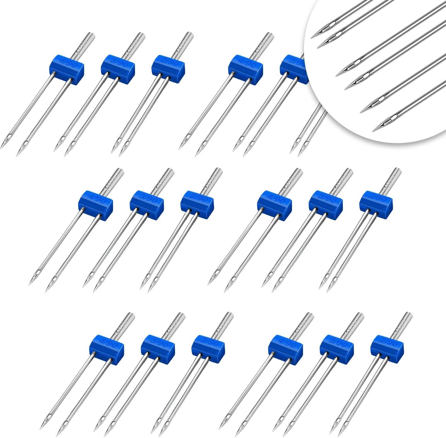 18 Pieces Sewing Machine Twin Needles Double Twin Needles Pins Twin Stretch Needles with Plastic Box, Automatic Needle Threader for Household Sewing Machine, 3 Mixed Sizes 2.0/90, 3.0/90, 4.0/90