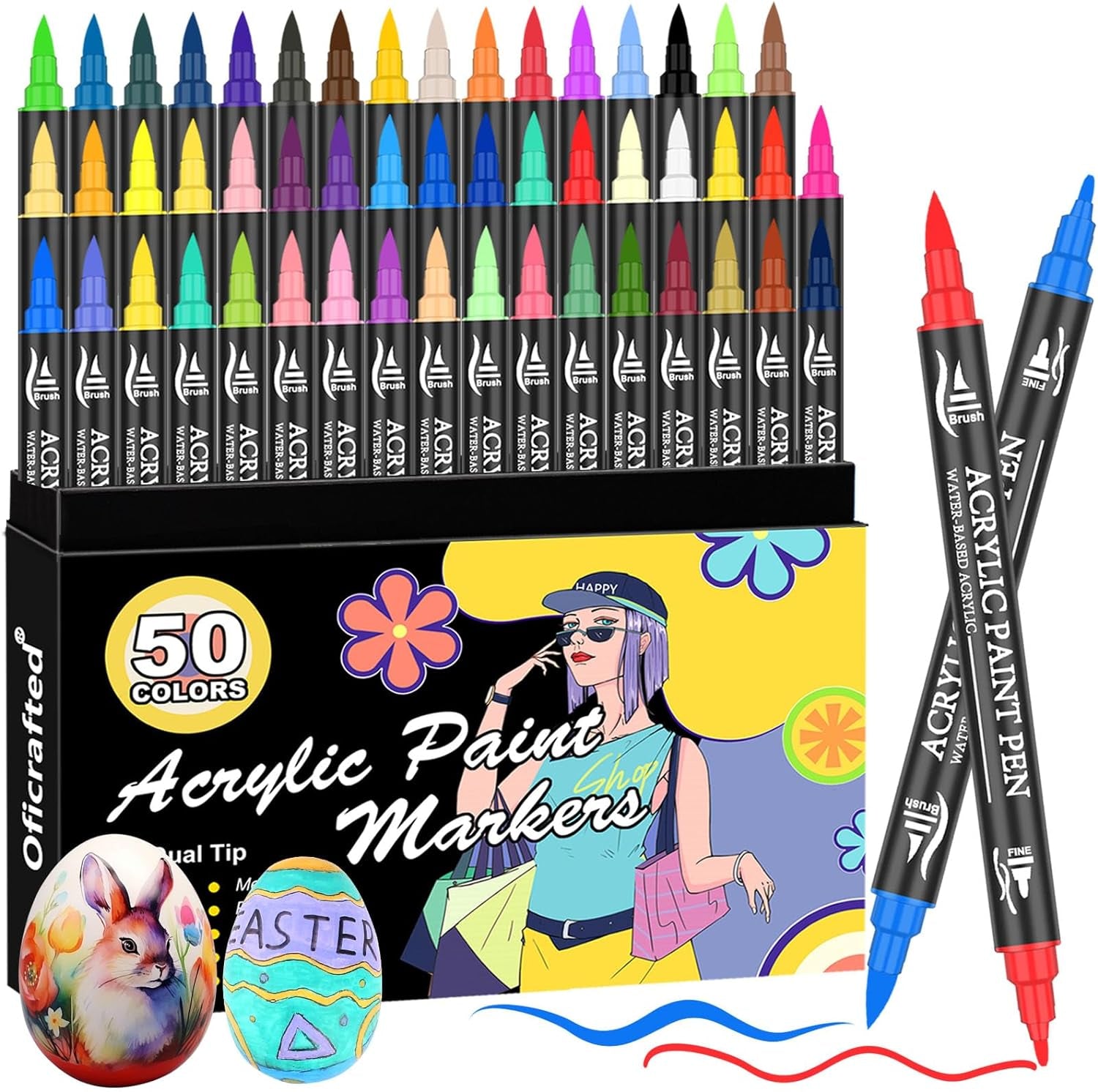 Acrylic Paint Pens, 50 Colors Dual Tip Markers with Fine and Brush Tip, Premium Marking Pens Set for Rock, Wood, Plastic, Fabric Painting and DIY Crafts