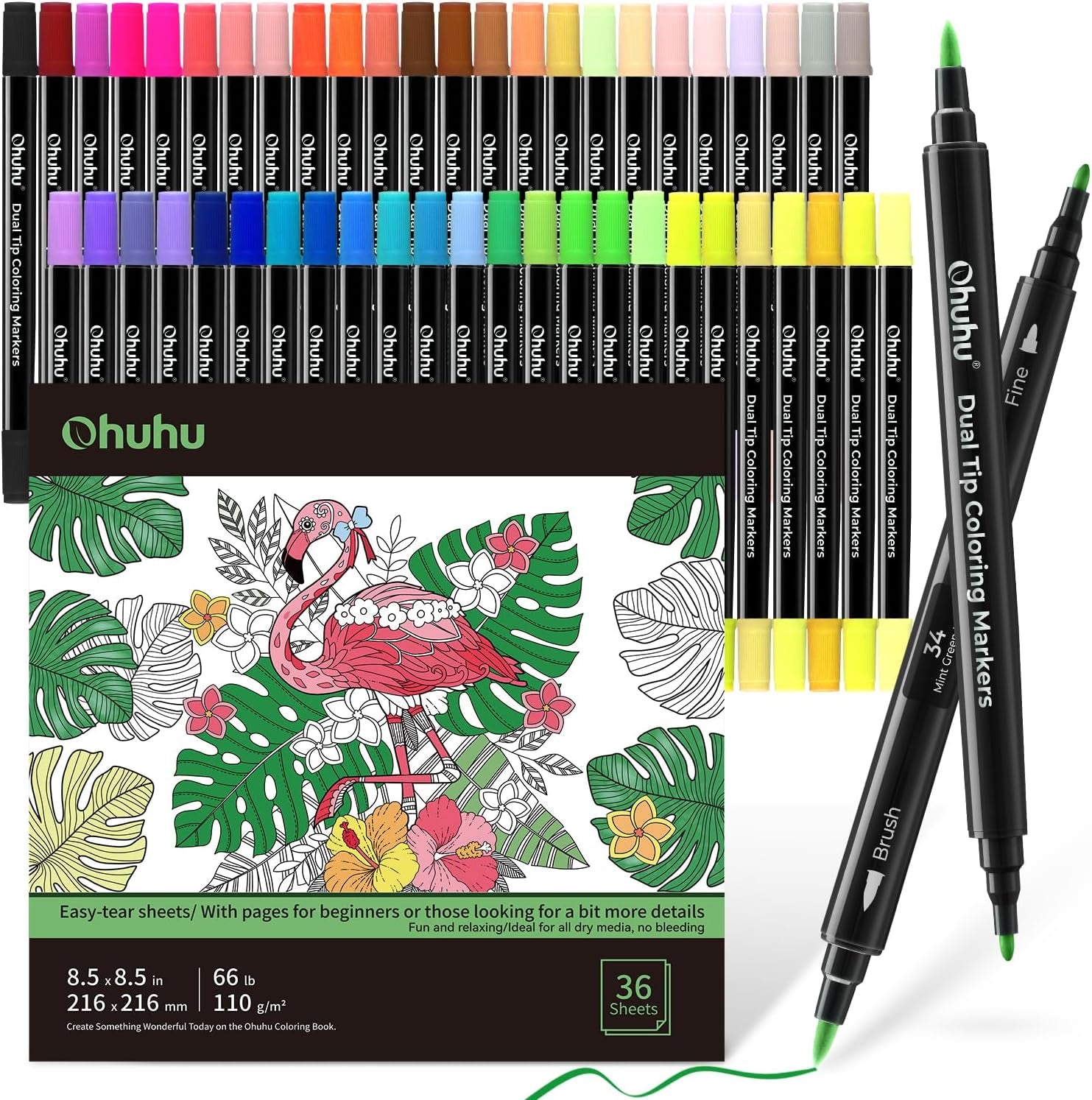 Markers Brush Tip 48-Colors with 36-Sheet Coloring Book - Double Tipped Markers for Adults Coloring Books - Art Marker Set Bundles with 100% Bleed-Proof Coloring Pages - Fine & Brush Dual Tips