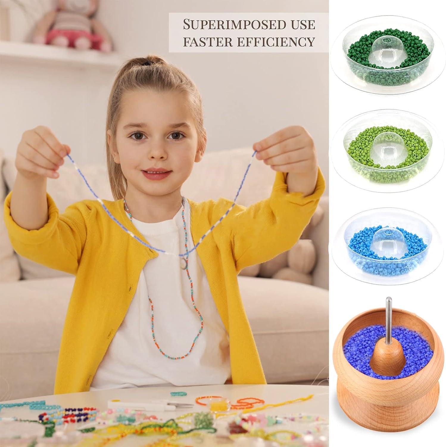 Clay Bead Spinner,Seed Beads Kit with 3 Pcs Quick Changed Trays,Beading Needles for Jewelry Making (Wooden)