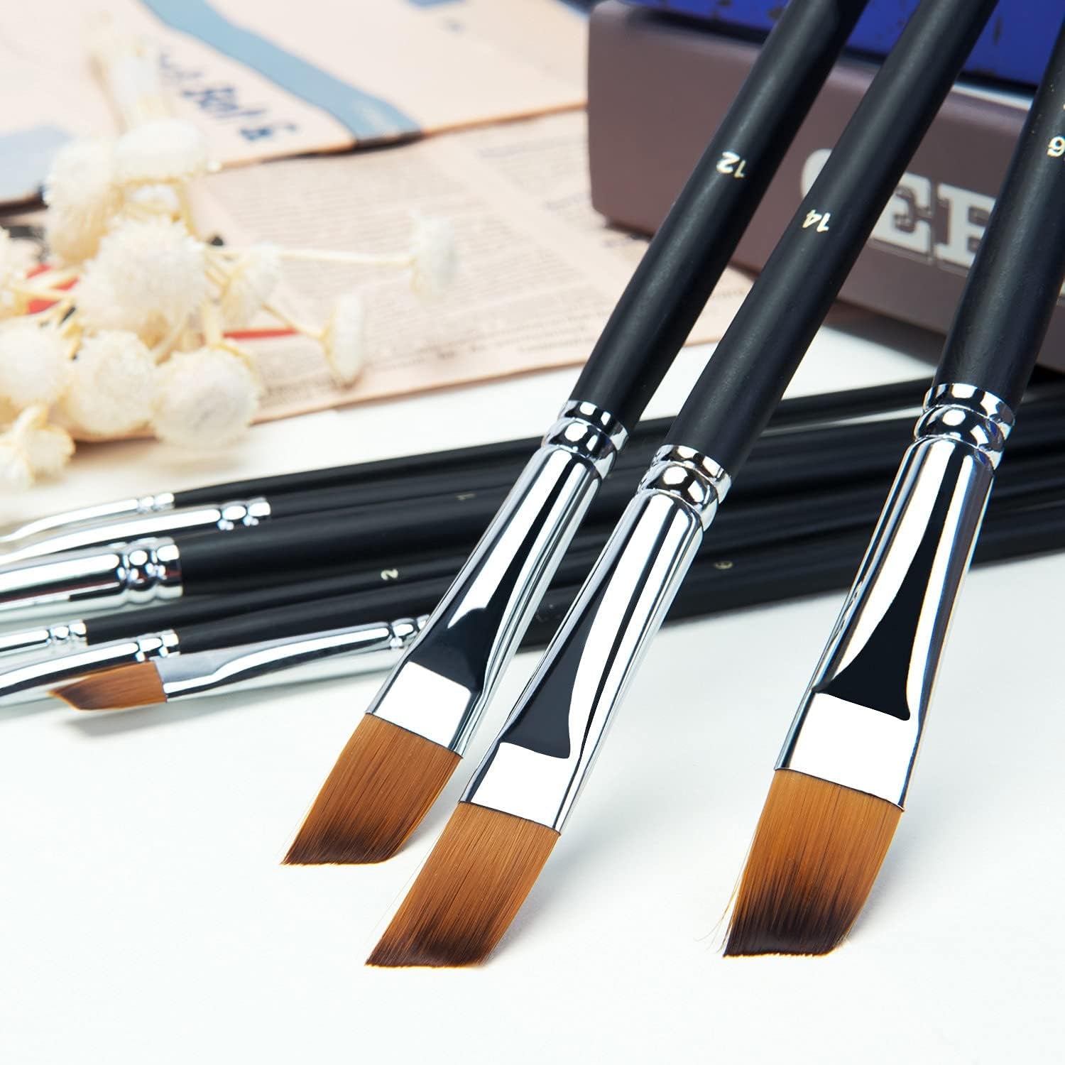 Angular Paint Brush, 9PC Oblique Tip Nylon Hair Long Handle Angled Paint Brushes Set Art Artist Professional Painting Supplies for Acrylic, Watercolor, Gouache and Oil Painting