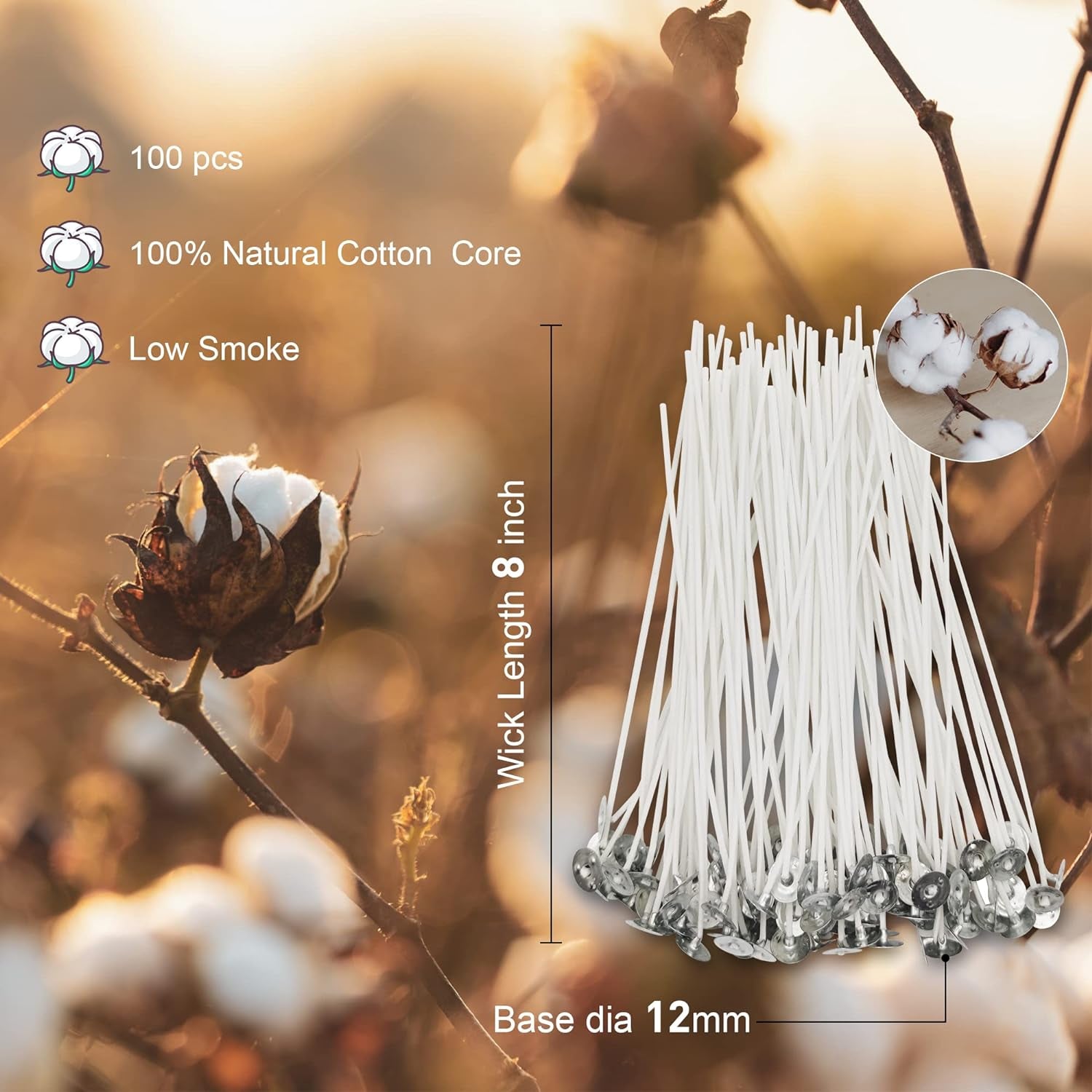 100Pcs Cotton Candle Wicks 8'' Pre-Waxed for Candle Making,Candle Diy，Thick Candle Wick with Base