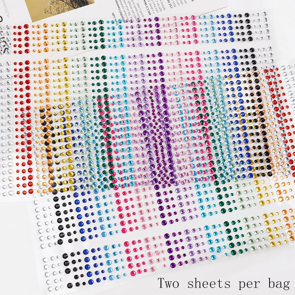 1800 Pieces 3Mm 4Mm 5Mm Multicolor Bling Rhinestone Sticker 2 Sheets Gem Diamond Self Adhesive