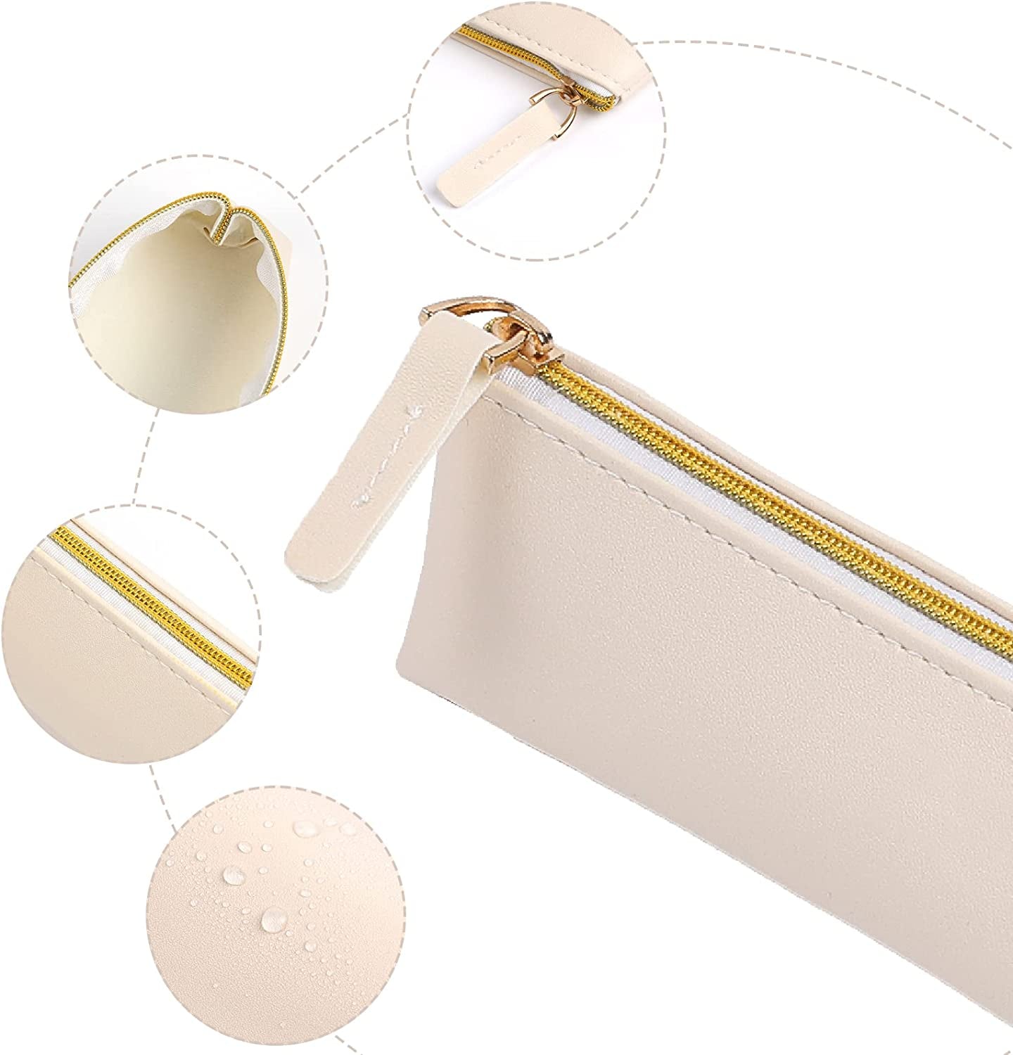 2 Pcs Leather Pencil Pouch, Slim Design Small Pencil Pouch Pencil Bag Zipper Pencil Case Bag Stationery Pouch Bag for Pens, Pencils, Markers(Black&Beige)