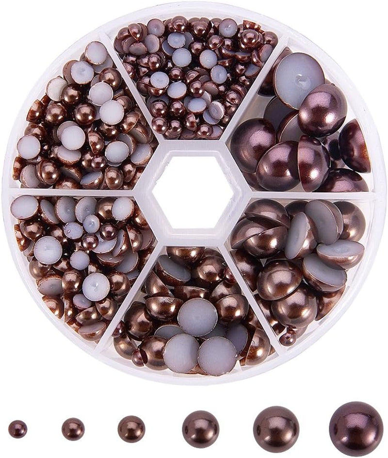 690Pcs Half round Pearl Beads 6 Sizes Flat Back Pearl Cabochon Faux Pearl Beads for DIY Scrapbook Phone Case Wedding Decor Hair Accessory Nail Art, Coconut Brown, 4/5/6/8/10/12Mm