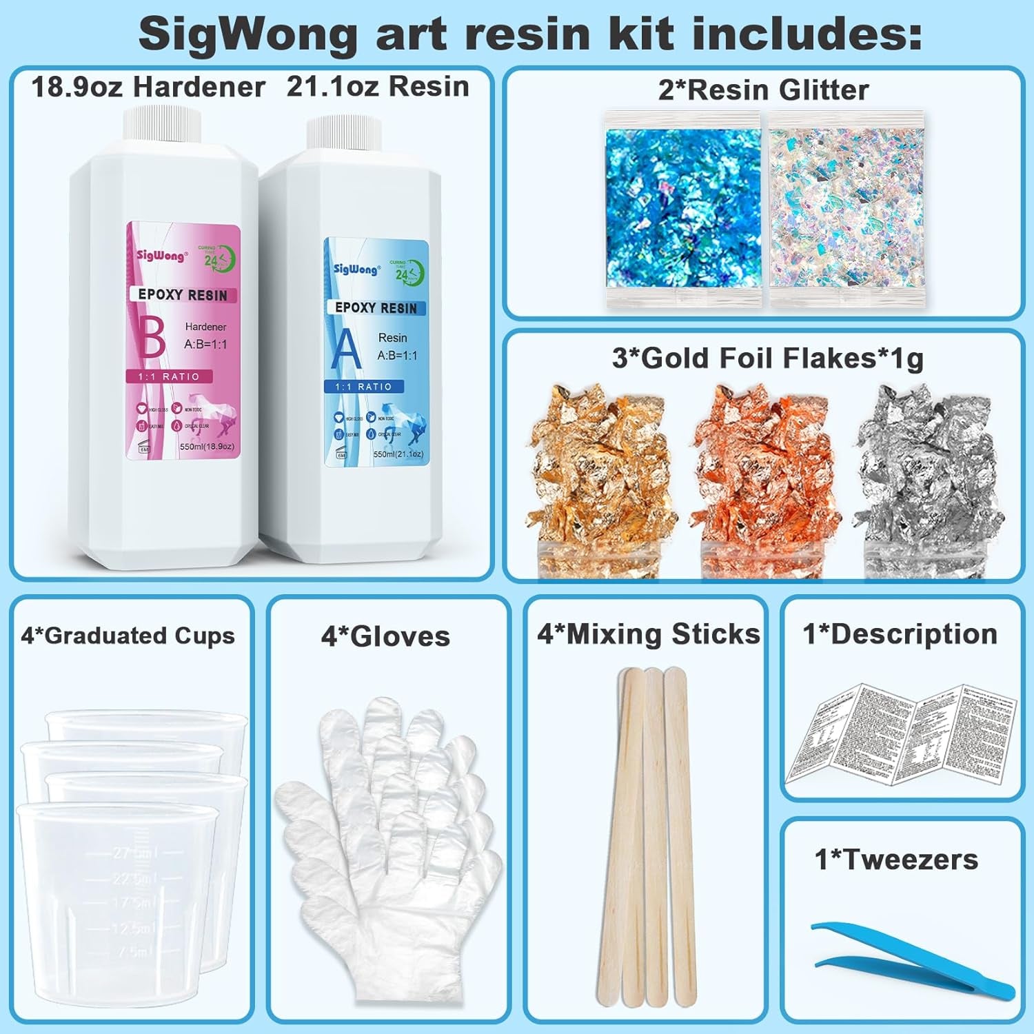 Epoxy Resin Clear Crystal Coating Kit 40Oz - 2 Part Casting Resin for Art, Craft, Jewelry Making, River Tables, Bonus Gloves, Measuring Cup, Wooden Sticks, Dropper, Gold Foil Flakes and Tweezers