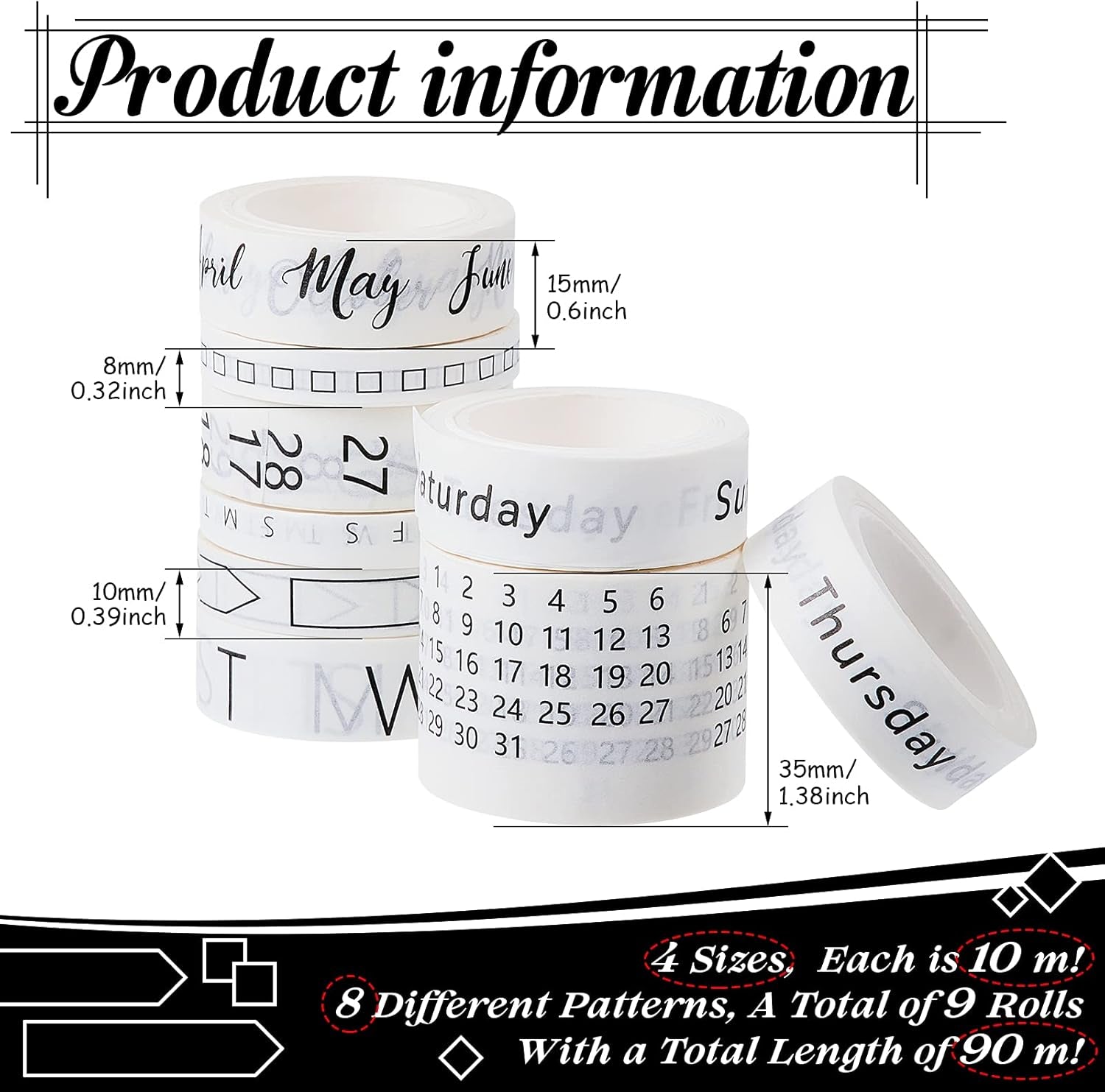 9 Rolls Calendar Washi Tape Set Date Day Week Month Number Calendar Washi Masking Tape Decorative Patterned Marking Tape for Arts Crafts Journal Planner