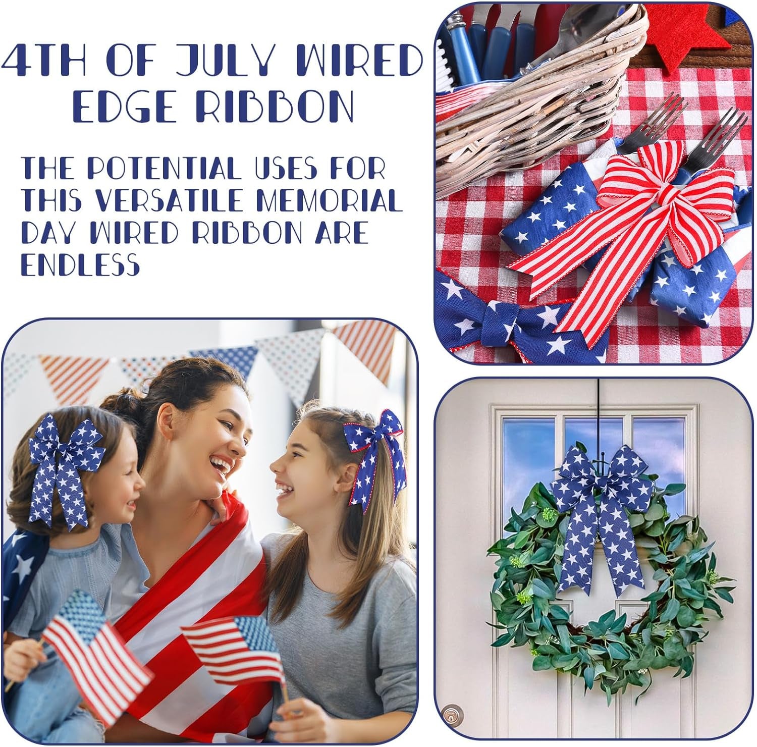4 Rolls Patriotic Day Wired Ribbon 20 Yard 4Th of July Red White Blue Decorative Ribbon American Patriotic Day Edge Ribbons for Independence Day Bows DIY Wreath Making Crafts Memorial Day