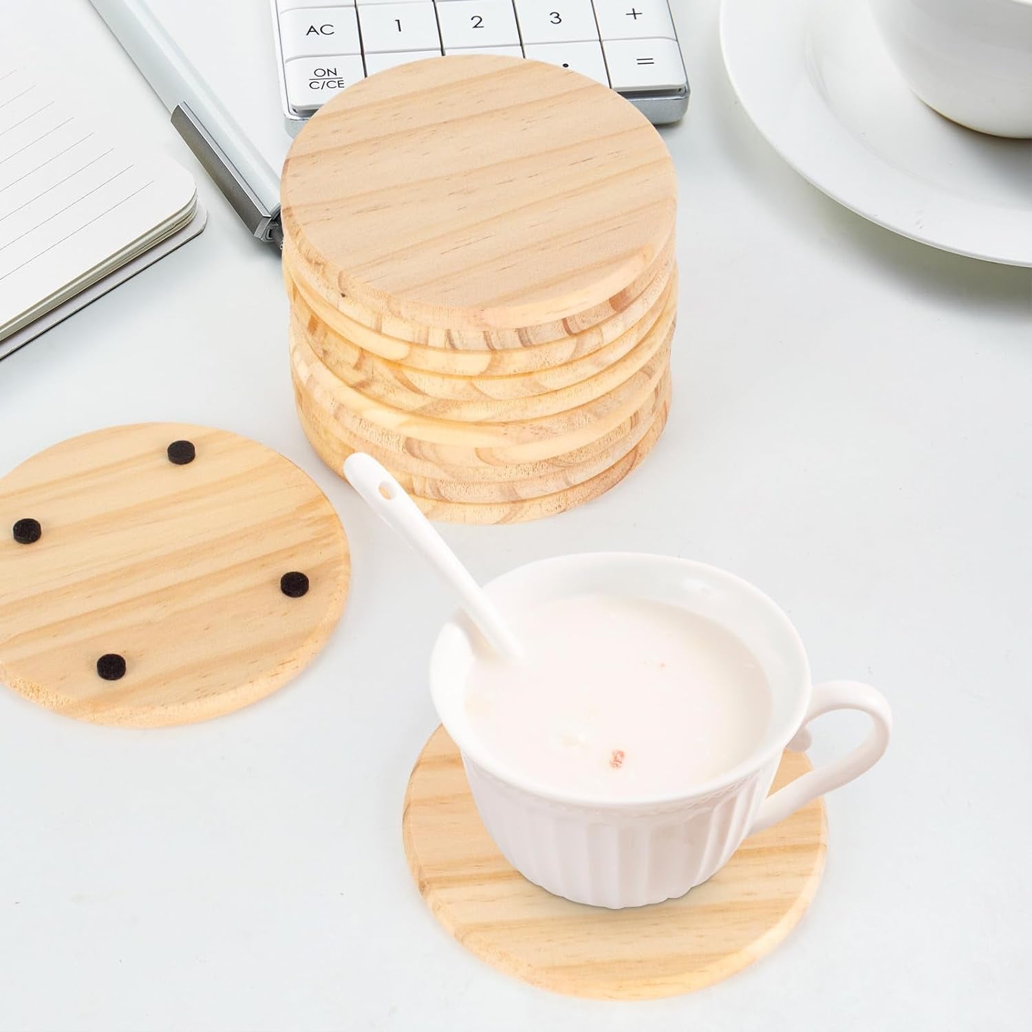 12PACK Unfinished Wood Coasters, 4 Inch round Blank Wooden Craft Coasters Wood Slices for DIY Architectural Models Drawing Painting Wood Engraving(With Non-Slip Dot Stickers)