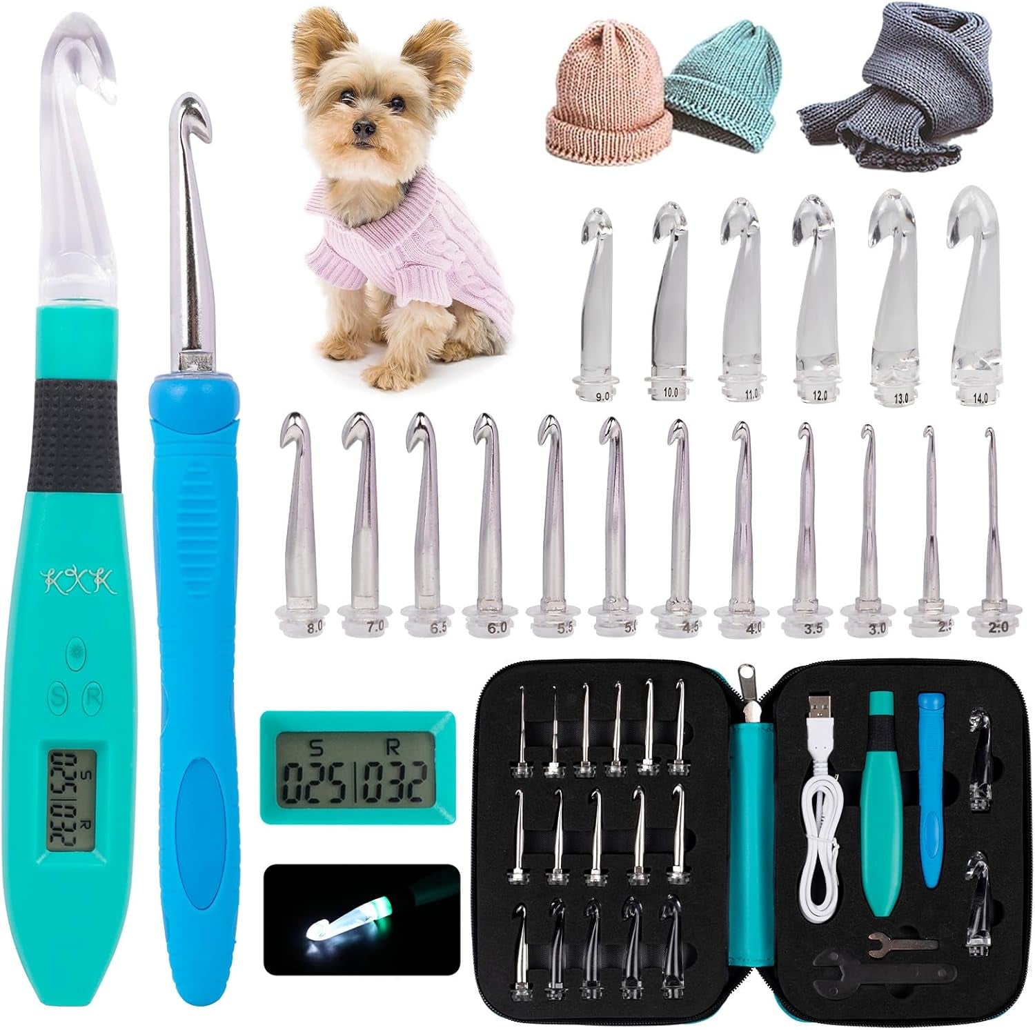 Counting Crochet Hook Set, Ergonomic Crochet Hooks with Led and Digital Stitch Counter, Crochet Kit with 9 Interchangeable Crochet Needle for Crocheting and Knitting