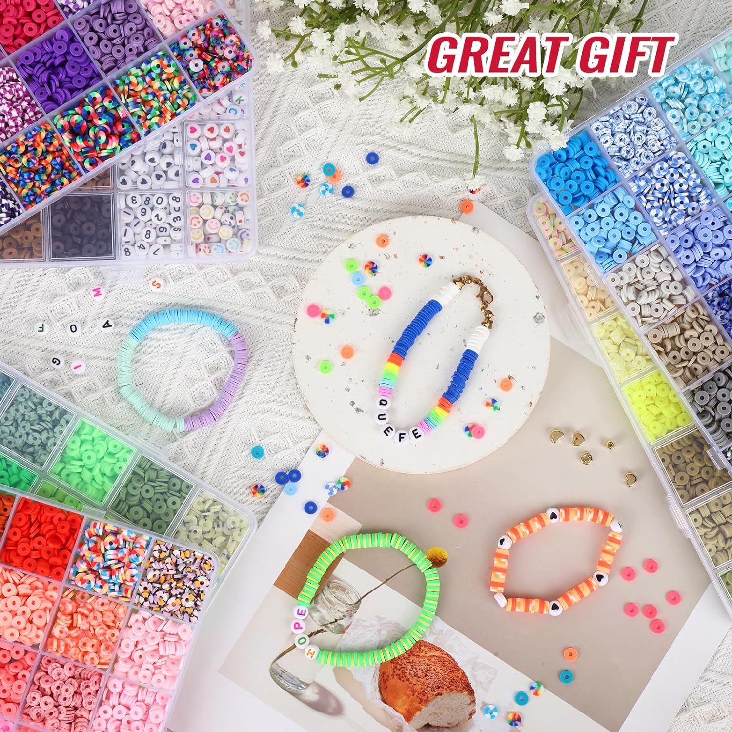 20,000 Pcs Clay Beads Bracelet Making Kit, 160 Colors Polymer Beads Spacer Heishi Beads, Jewelry Kit with Charms Elastic Strings, DIY Crafts Gift
