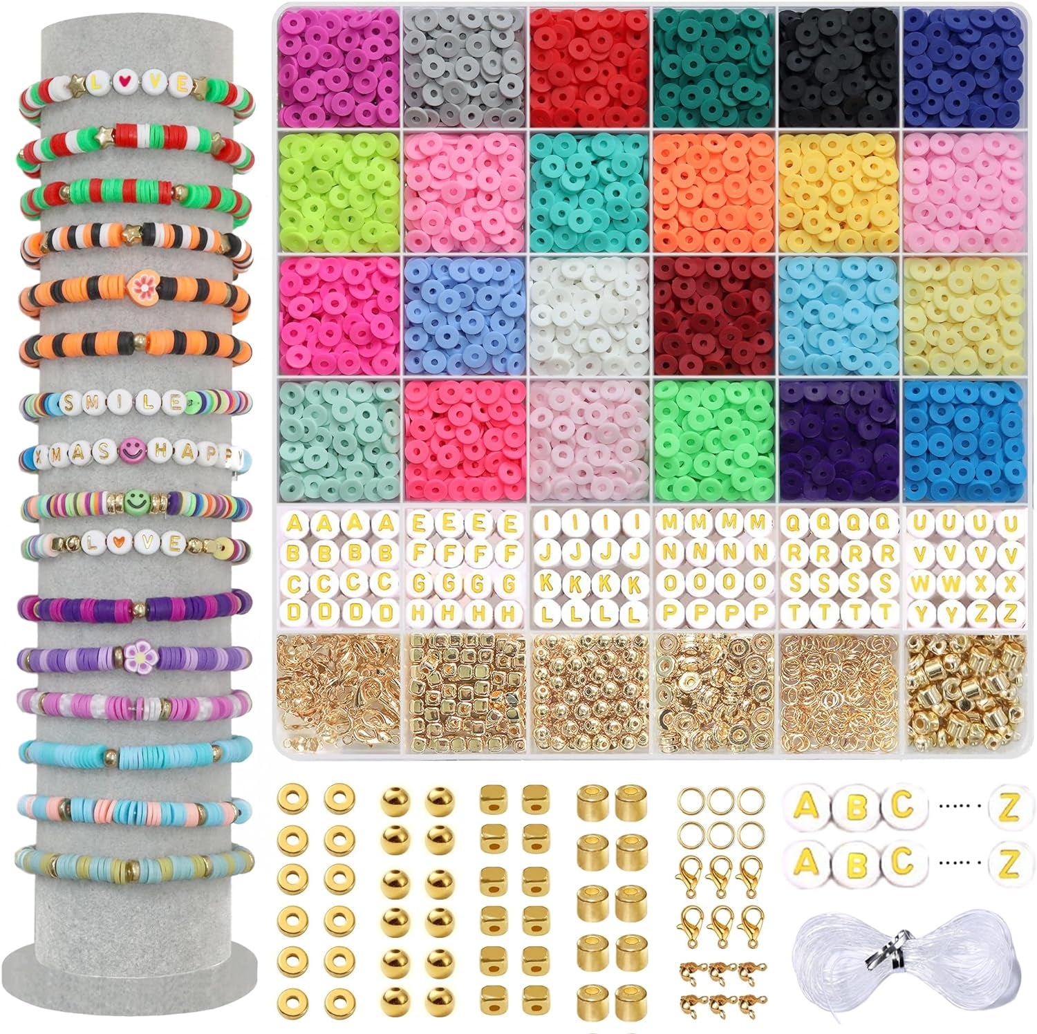 4300+ Clay Beads Bracelet Making Kit,24 Colors Flat Preppy Beads for Friendship Bracelets,Polymer Heishi Beads with Charms,Gifts Crafts Set for Girls 8-12