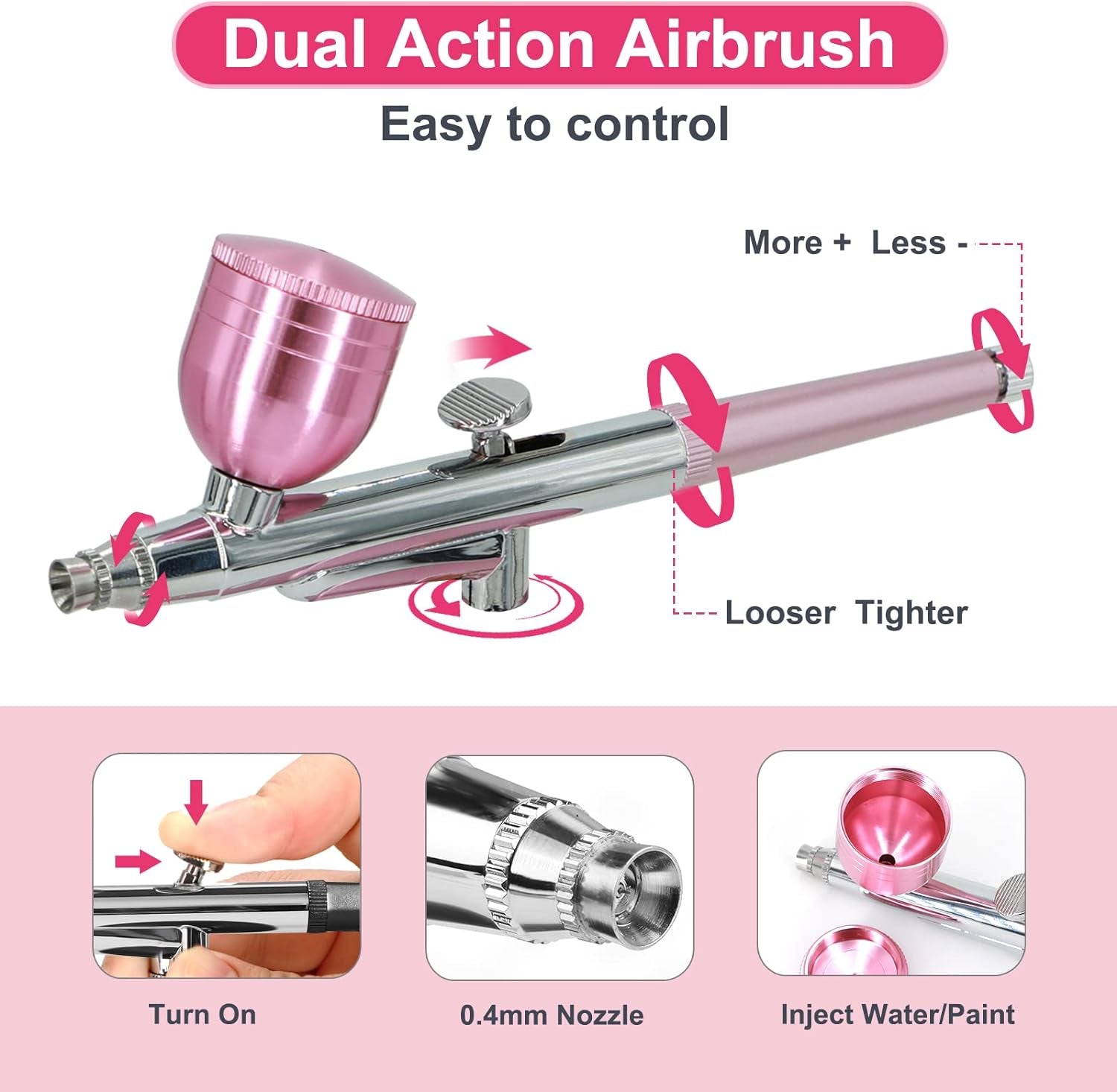 Airbrush Kit with Air Compressor, Upgraded 7.4V 34PSI Air Brush Gun Rechargeable Portable Cordless Air Brush Painting with 0.4Mm Nozzle for Painting, Nail Art, Tattoo (Pink)