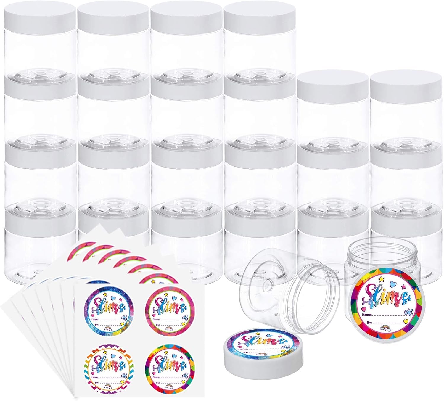 24 Pack 6Oz Slime Containers with Lids Plastic Jars for White Water-Tight Lids and Stickers Mini Storage for DIY Slime Making, Candy, Beads, Art Crafts, Lotion