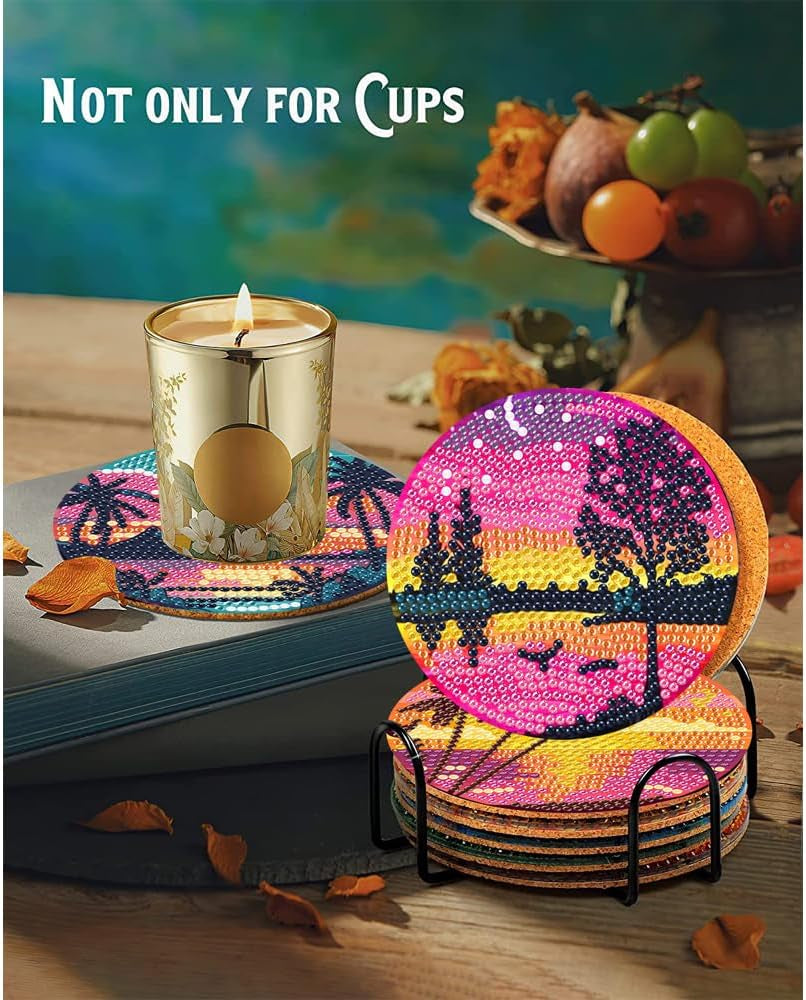 8Pcs Diamond Painting Coasters Kits, DIY Landscape Diamond Art Coaster Kits with Holder, Small Diamond Painting Kits for Adults &amp; Kids Art Craft Supplies
