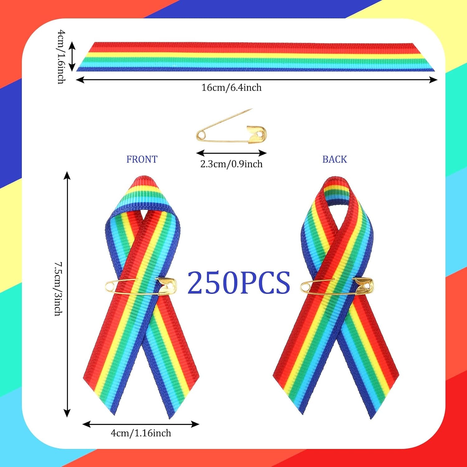 Ribbon Rainbow Pins Gay Pride Ribbon with Safety Pins Bulk, Satin LGBTQ Pins for Pride Parades, Gay Pride Satin Pins for Women Men Clothes Bag Decoration, 6.3 X 0.5 Inch (250 Pieces)