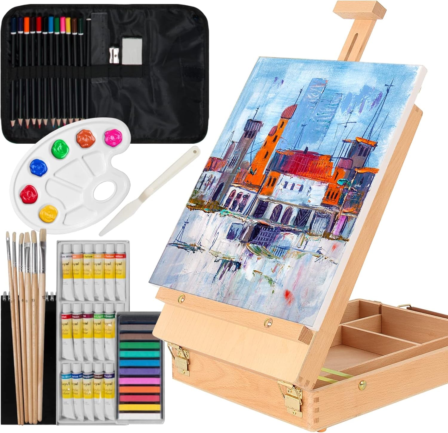Art Kit, 45 Piece Wooden Paint Set Crafts Drawing Painting Kit with Box Easel and 18 Acrylic Oil Paint Colors, 12 Color Pencil Etc. for Teens Adults Artist Beginners, Art Supplies