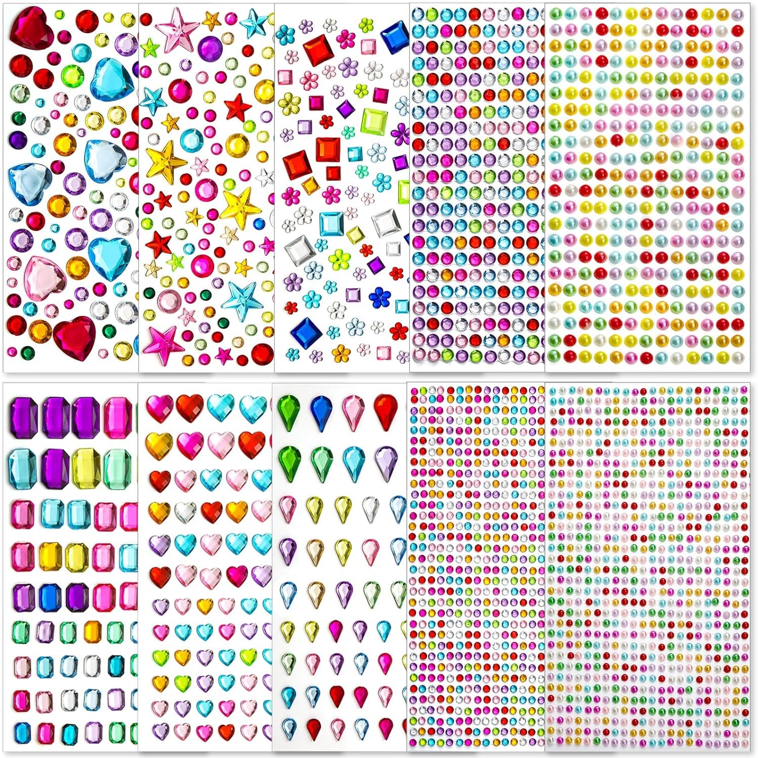 3500 Pcs Gems Stickers for Kids Crafts, 10 Sheets Self Adhesive Gems Jewels Stickers for Crafts, Bling Gemstone Stickers Decorative Diamond for Makeup & DIY, Multi Colors, Shapes, Sizes