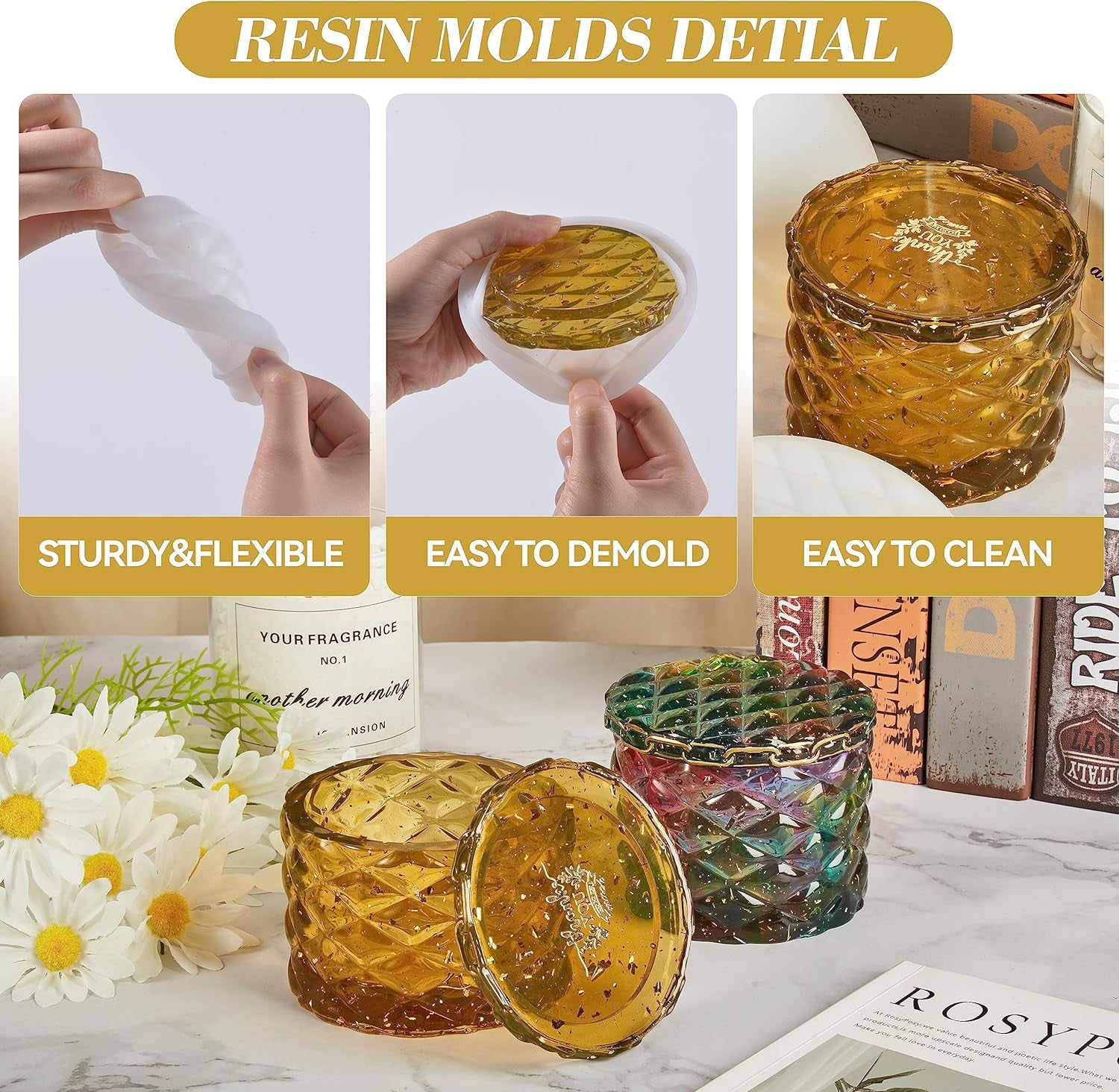 Jar Resin Molds Silicone, Large Diamond Jar Silicone Molds with 2Pcs Lid, Epoxy Jar Molds for Storage Box,Candy Jewelry Container,Home Decoration,Diy Resin Epoxy Casting Craft