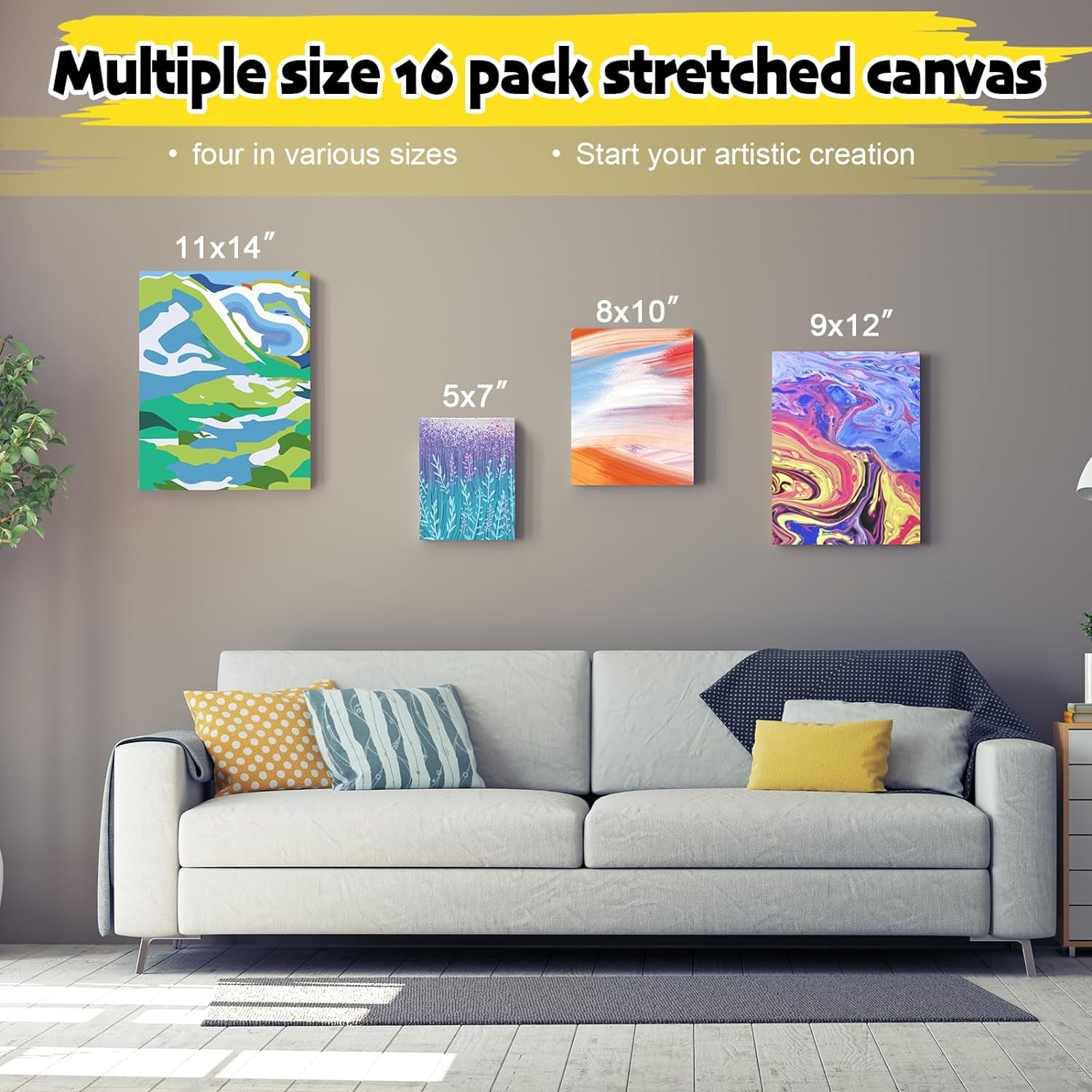 12 Pack Stretched Canvases for Painting with 11X14, 9 X12, 8X10, 5X7(3 of Each), Blank Primed Canvas for Oil, Acrylic & Others, Multi Size Set for Artist, Student and Beginners