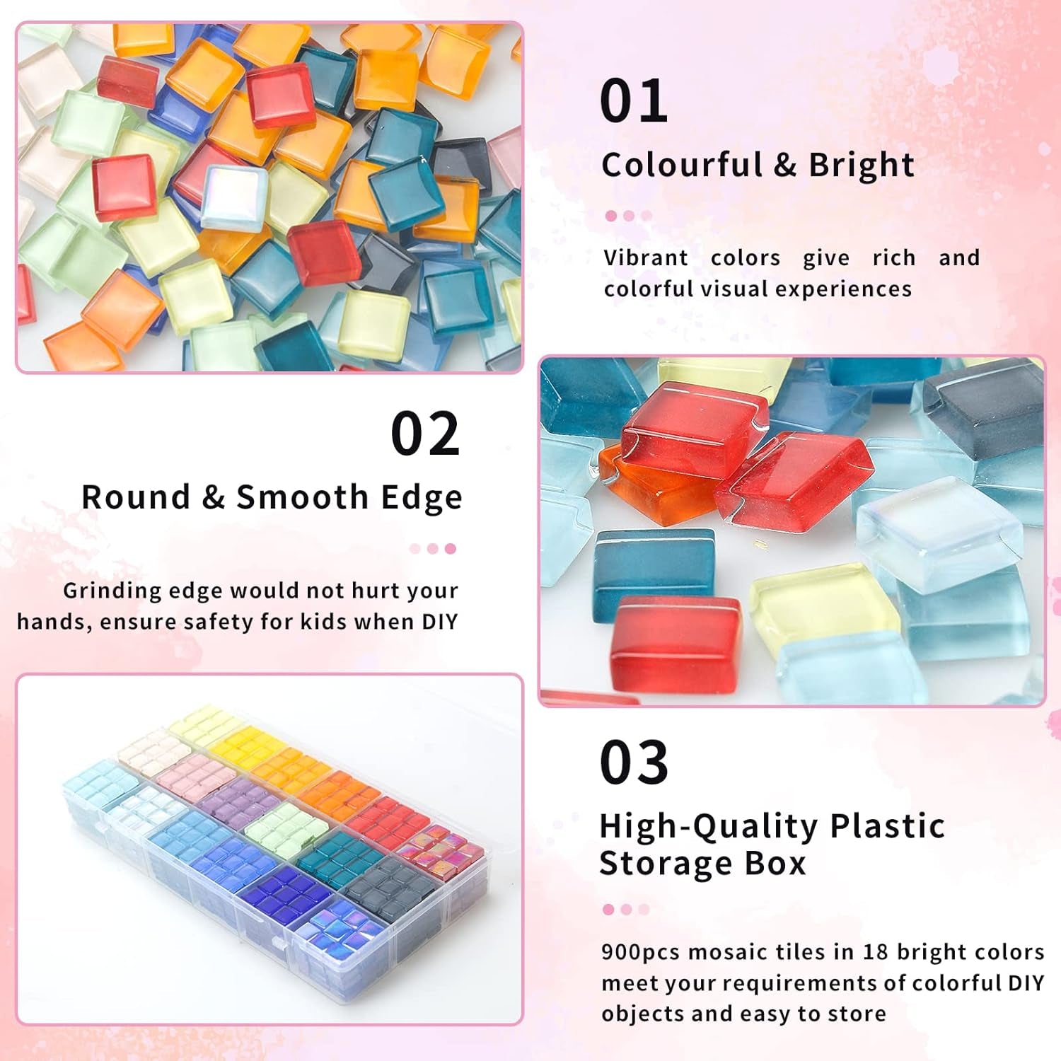 900 Pcs 2.2LB Glass Mosaic Tiles, 18 Colors 10Mm Mosaic Glass Pieces with Storage Box, Transparent Mosaic Tiles for Crafts Bulk, Mosaic Supplies for Home Decoration, Art Crafts